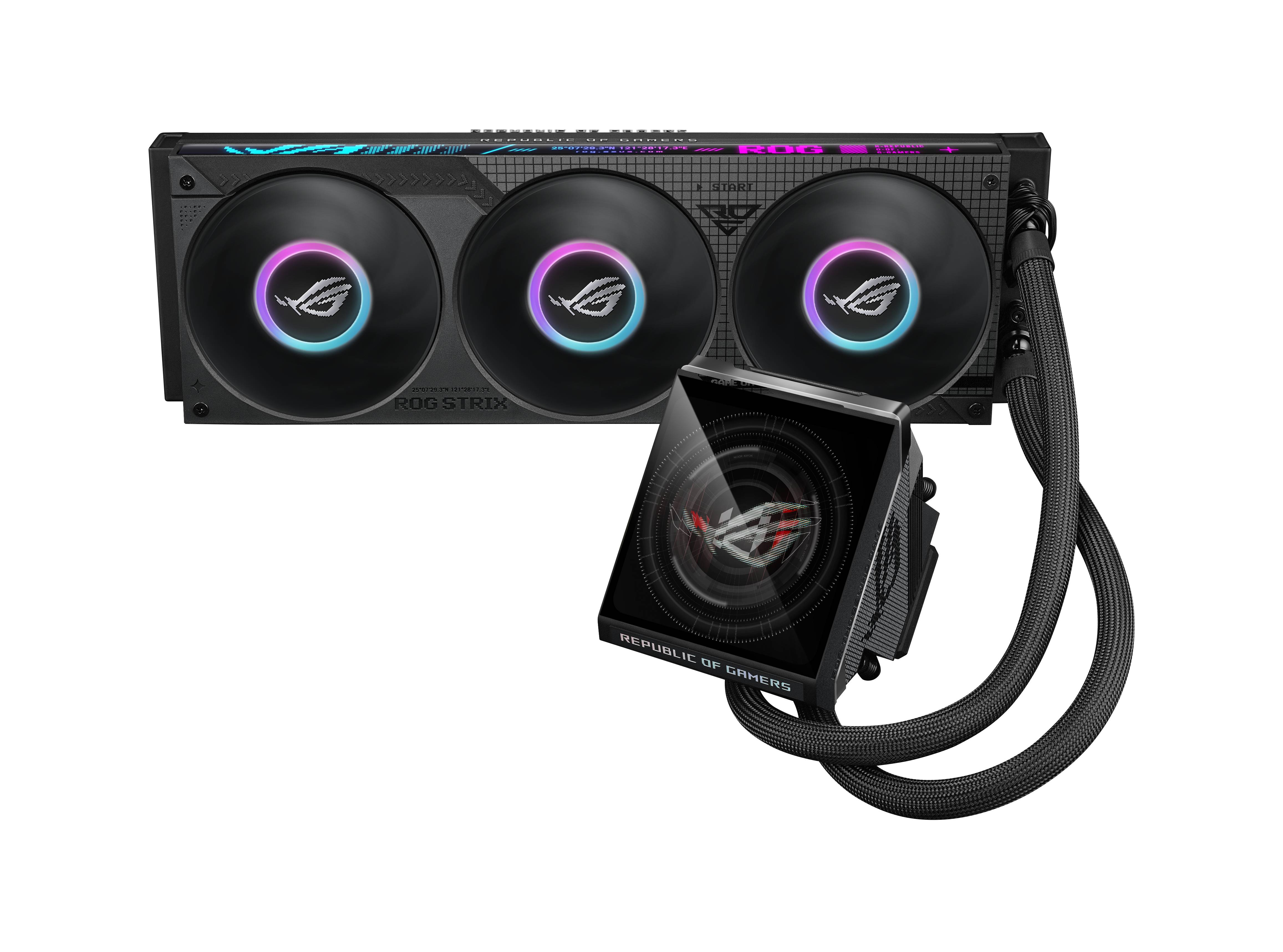 ASUS ROG Flüssigkeits-CPU-Kühler mit drei RGB-Lüftern und beleuchtetem Pumpenblock auf schwarzem Hintergrund.