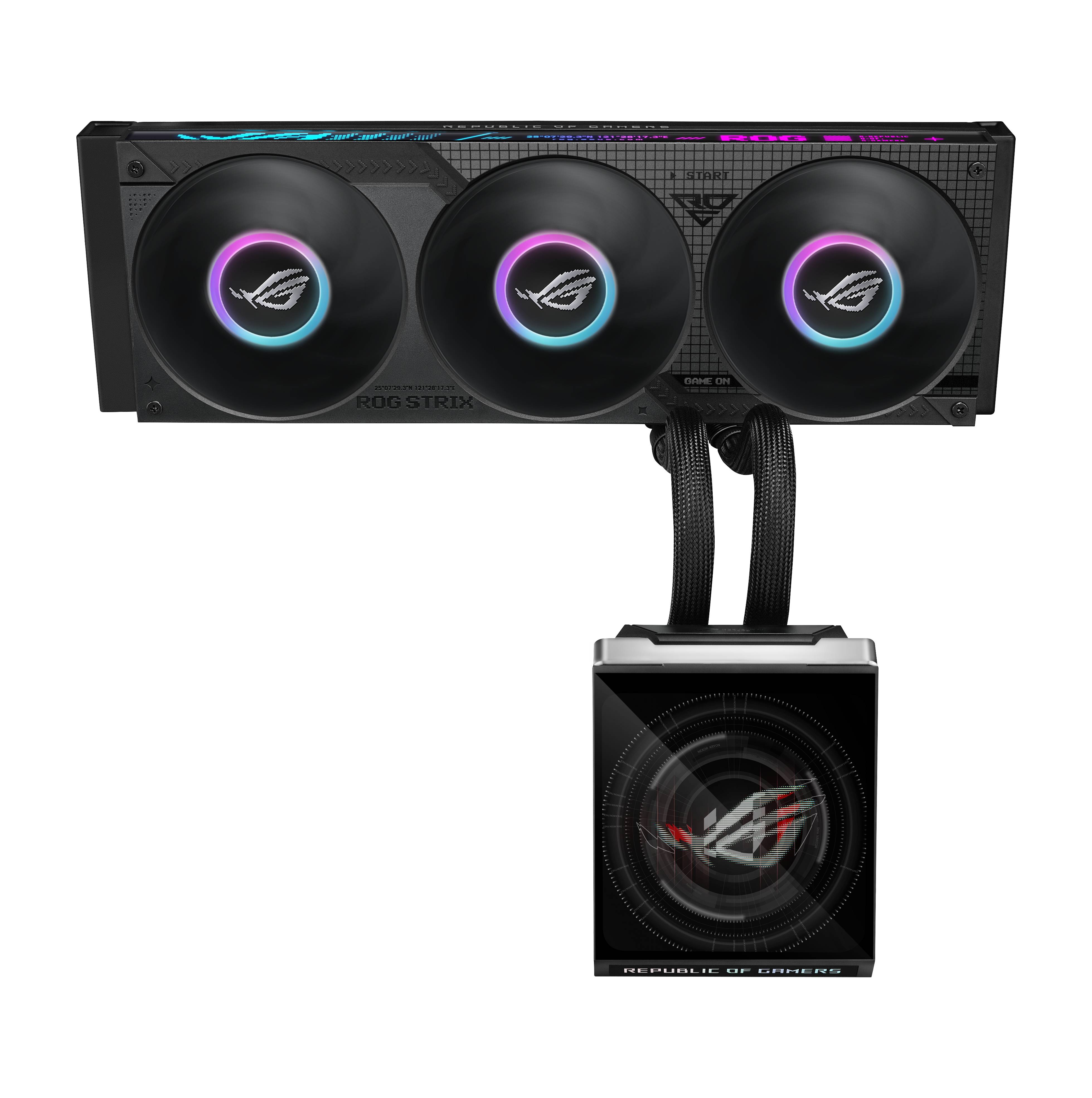 ASUS ROG Strix Grafikkarte mit drei RGB-Lüftern und einer angeschlossenen Flüssigkeitskühlpumpeneinheit auf schwarzem Hintergrund.