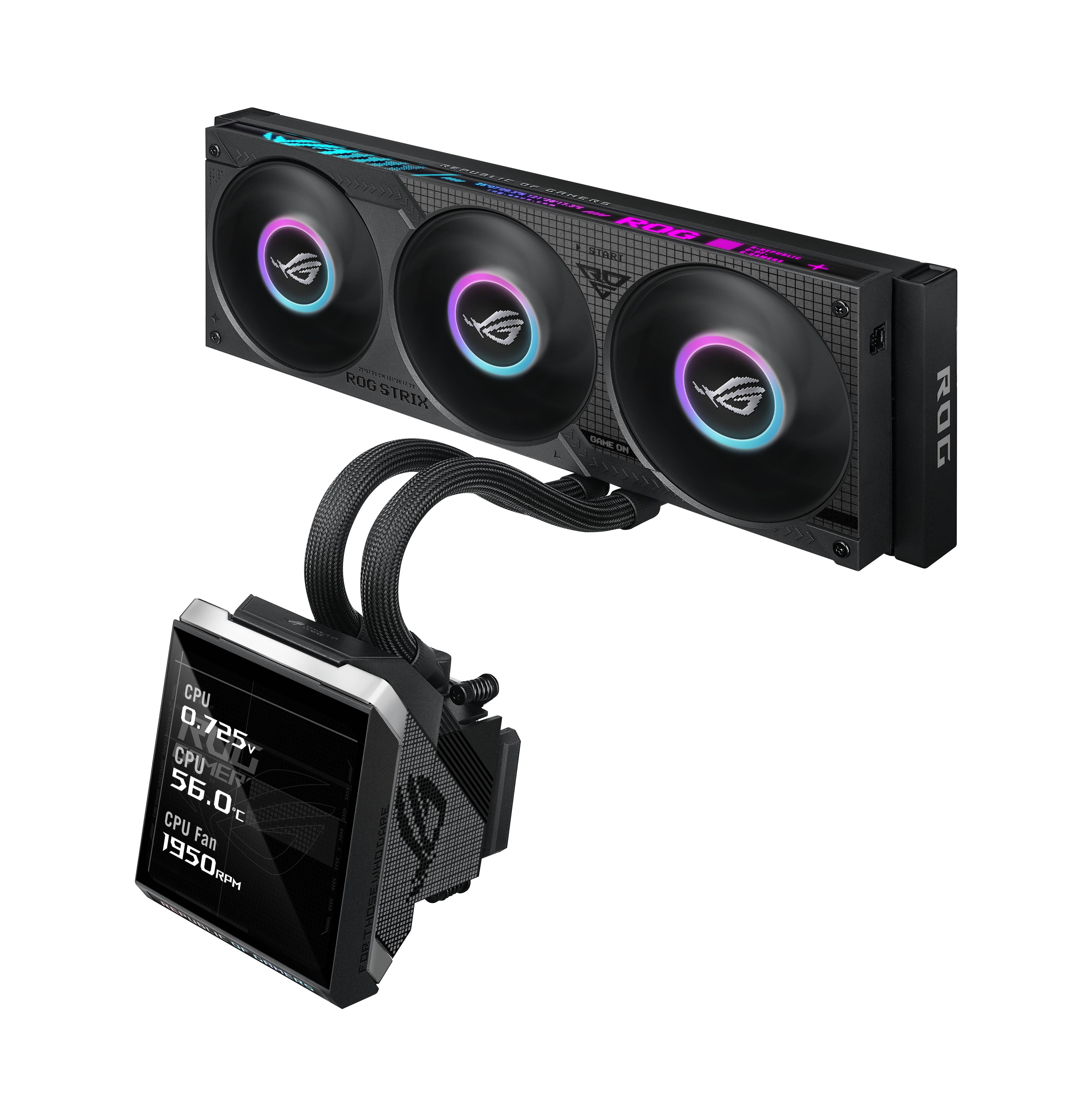 ROG Flüssig-CPU-Kühler mit drei RGB-beleuchteten Lüftern auf einem Radiator und einem kleinen LCD-Pumpenblock, der CPU-Temperatur, Spannung und Lüfterdrehzahl anzeigt.