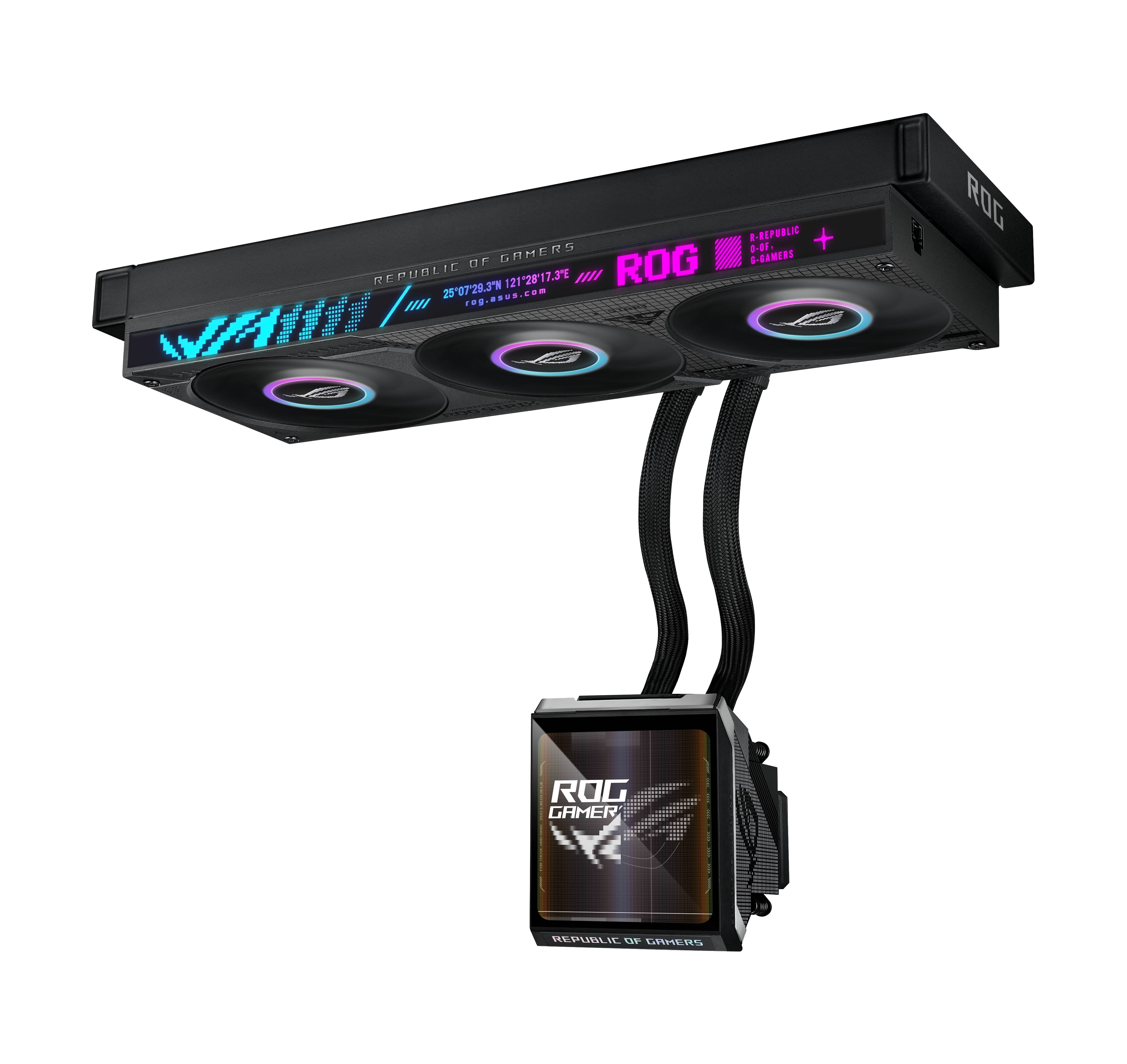 Schwarze ASUS ROG flüssigkeitsgekühlte Grafikkarte mit drei RGB-Lüftern und einer kleinen ROG-Pumpeneinheit, die darunter durch geflochtene Schläuche hängt.