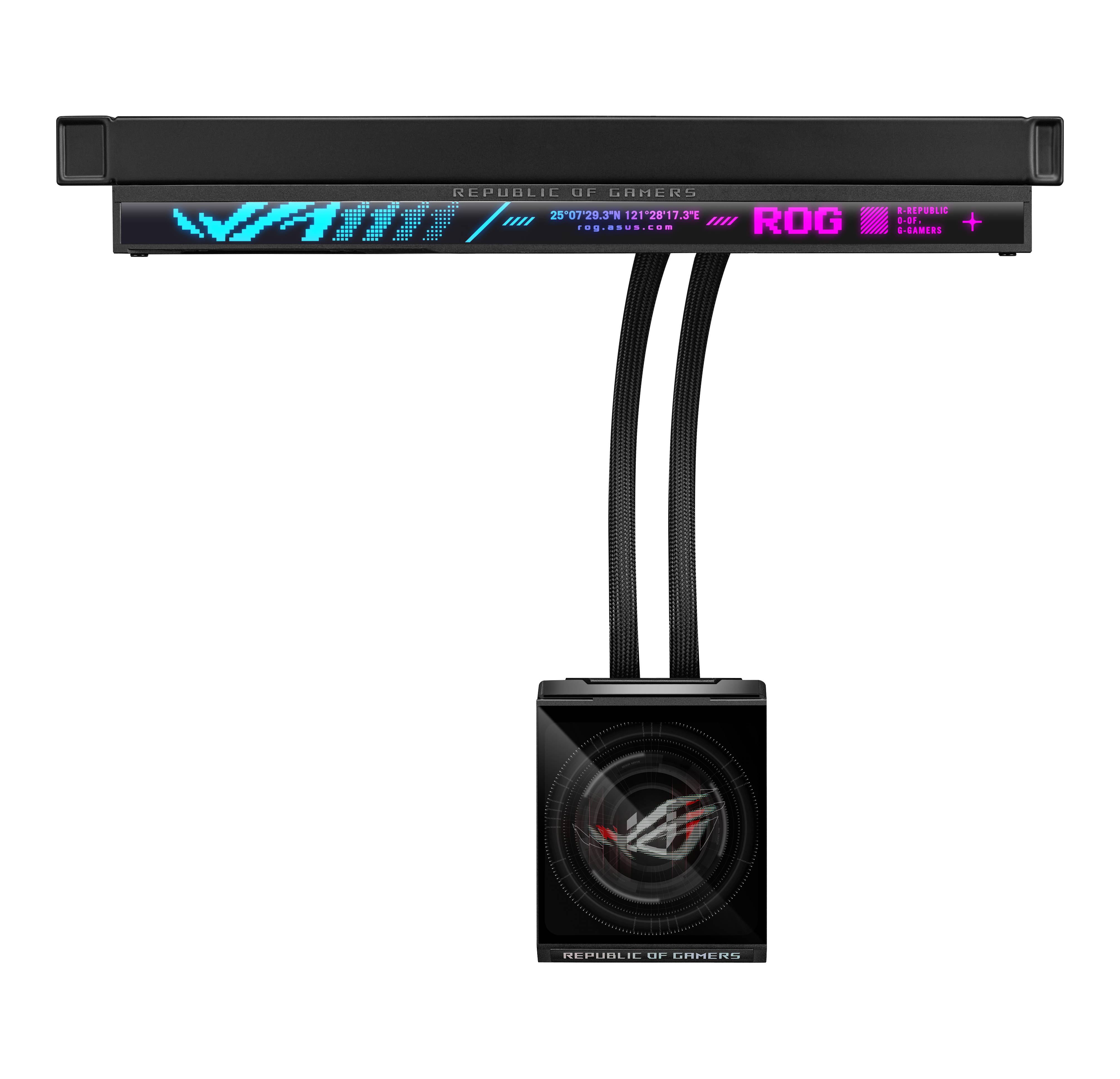 ASUS ROG Flüssigkühler mit rechteckigem RGB-Display und zwei Schläuchen, die zu einem quadratischen Pumpblock mit dem ROG-Logo auf schwarzem Hintergrund führen