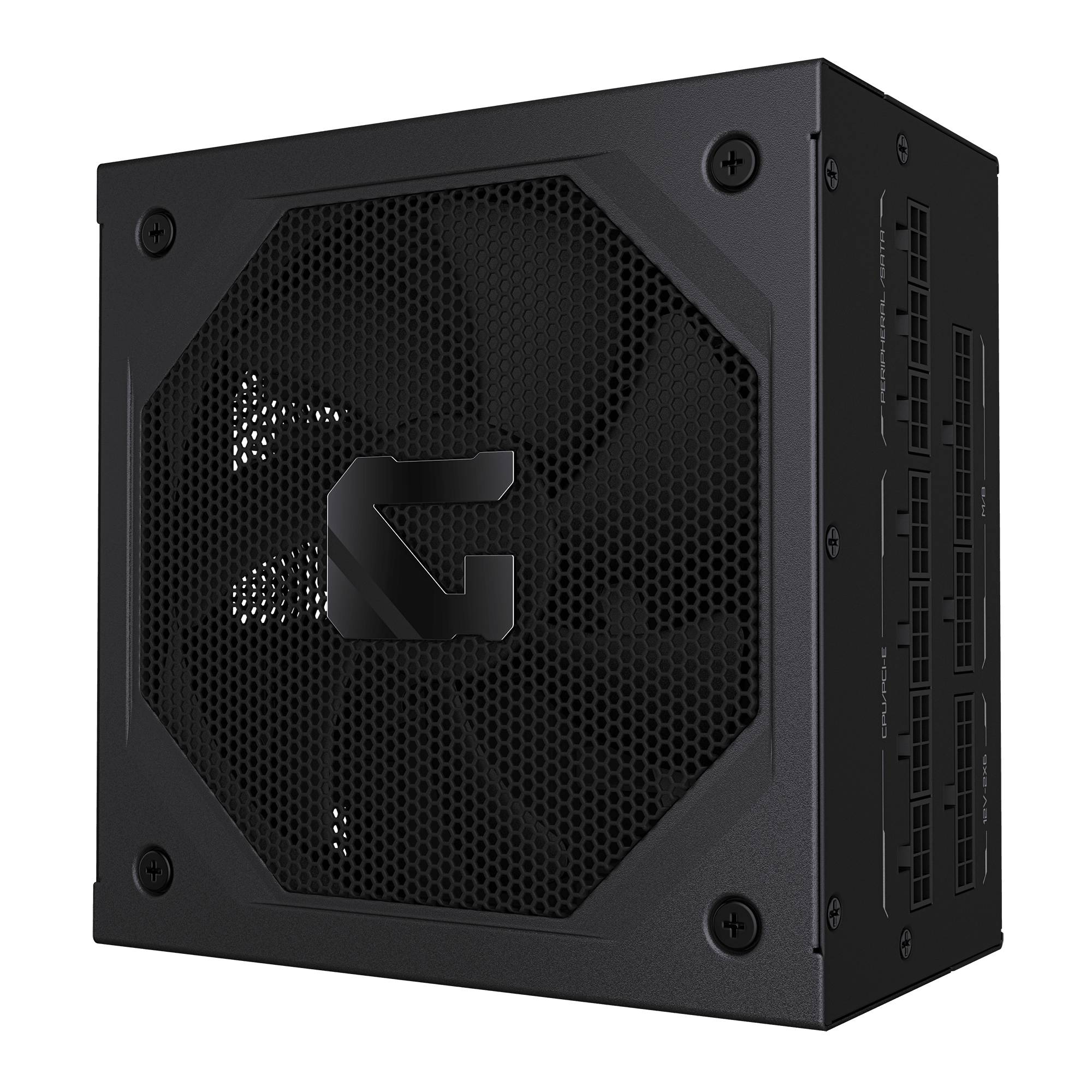 Schwarzes Gaming-PC-Netzteil mit sechseckigem Mesh-Gitter und Logo im Corsair-Stil auf der Vorderseite.