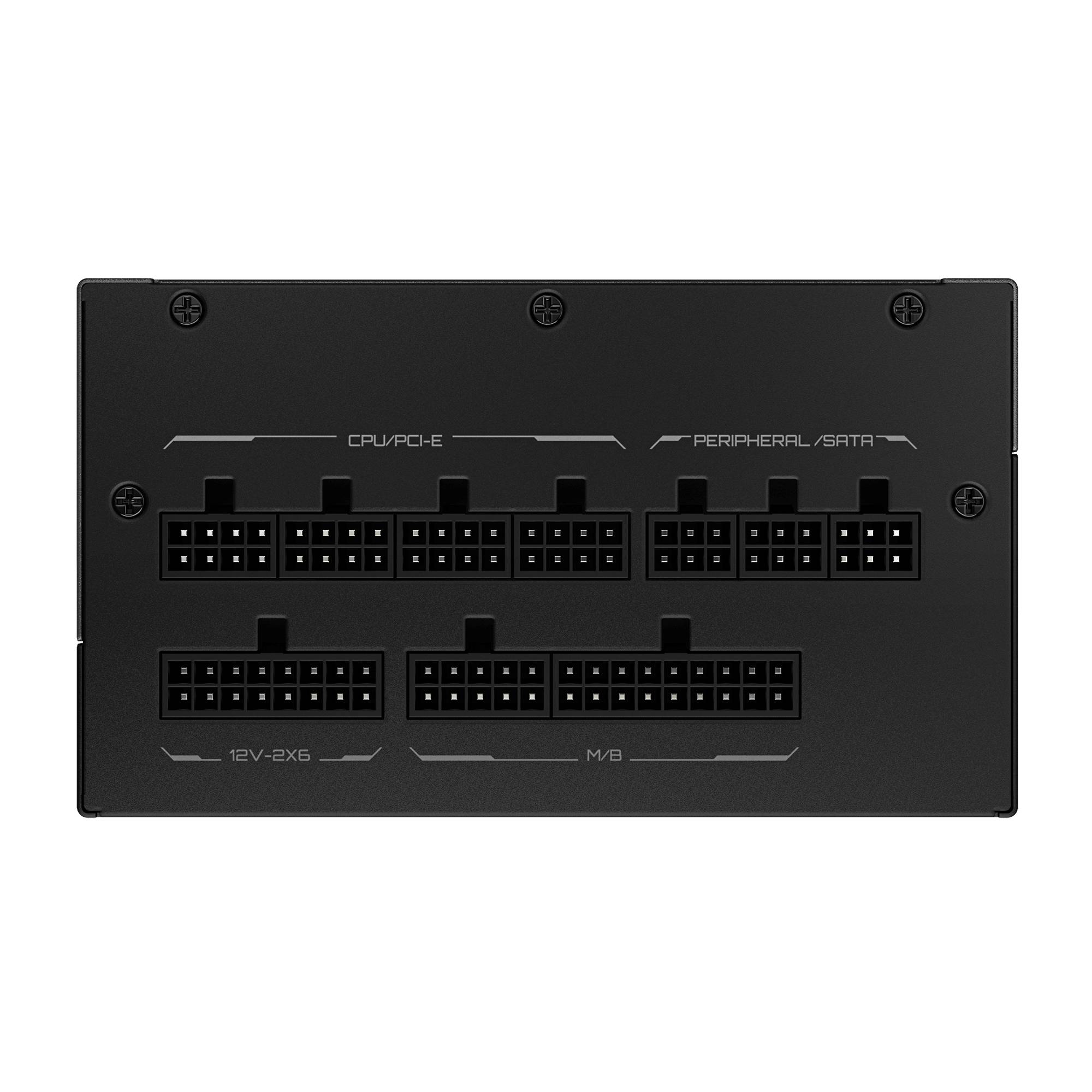 Schwarzes modulares Netzteil-Steckerleisten-Panel mit beschrifteten Anschlüssen für CPU/PCI-E, Peripheral/SATA, 12V-2x6 und MB-Kabel.