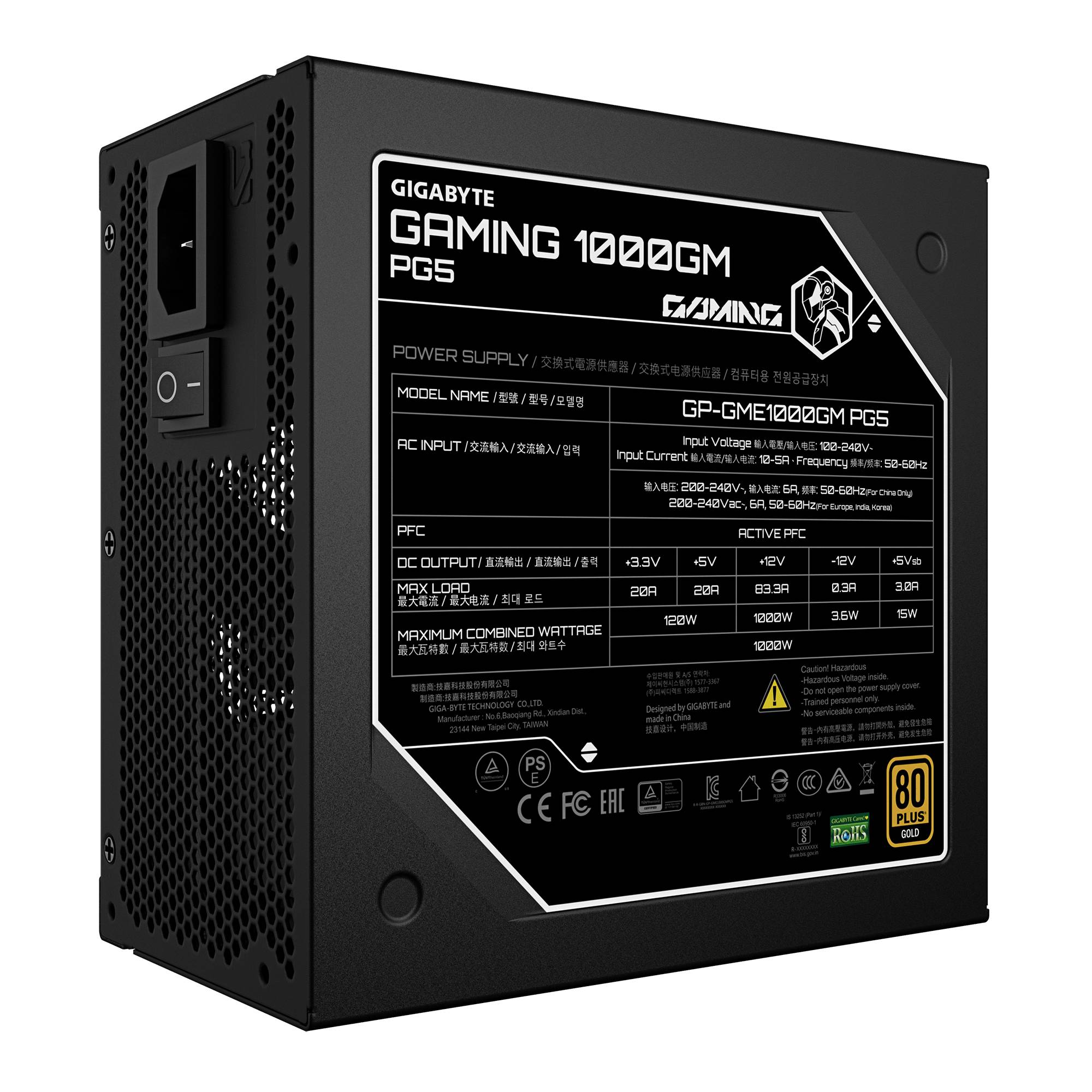 Schwarzes Gigabyte Gaming 1000GM PGS Computer-Netzteil in geneigter Produktansicht mit Modell- und Leistungsetikett.