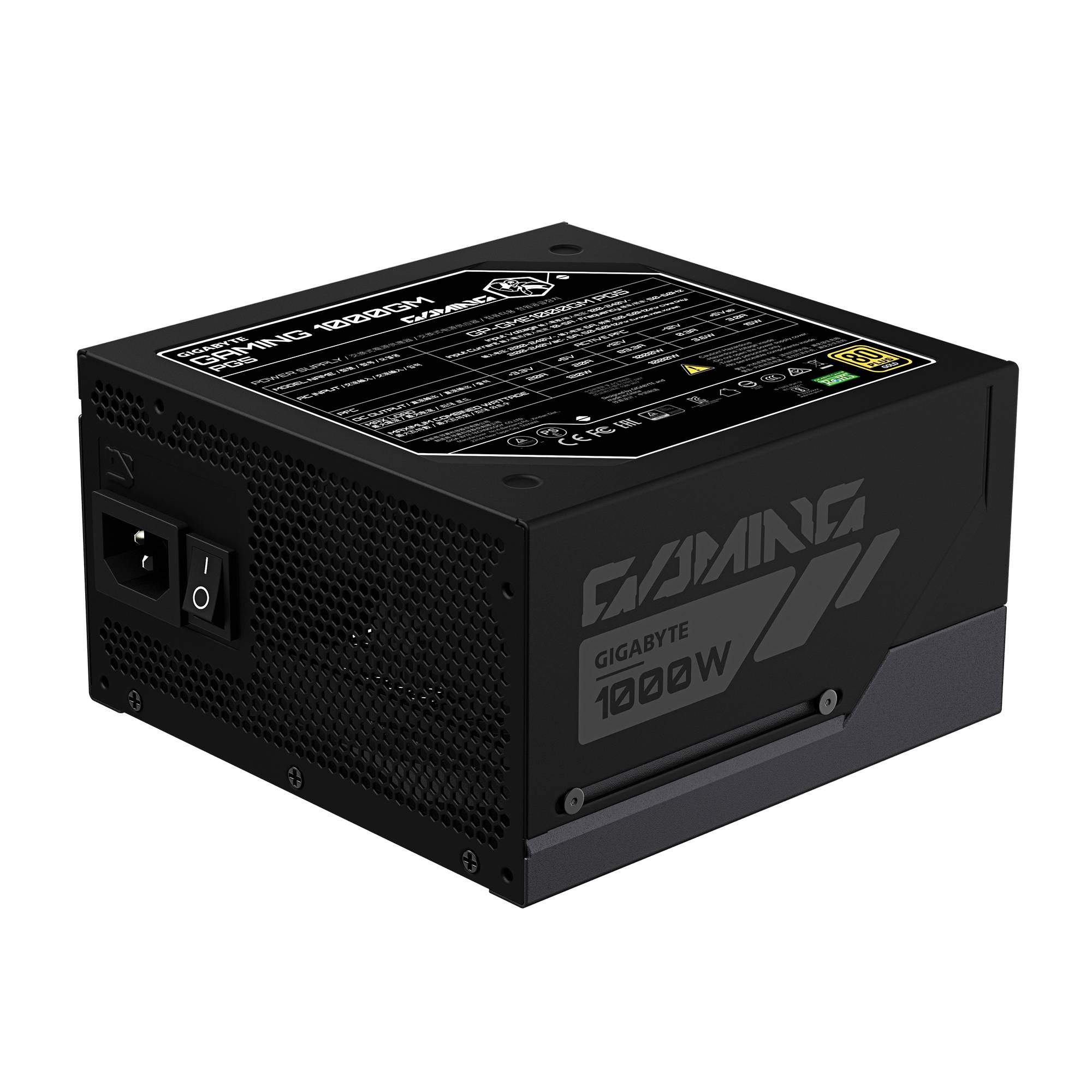 Schwarzes Gigabyte-Netzteil "Gaming 1000W"" aus einem Winkel gezeigt, mit seitlichem Netzschalter und belüftetem Gehäuse.