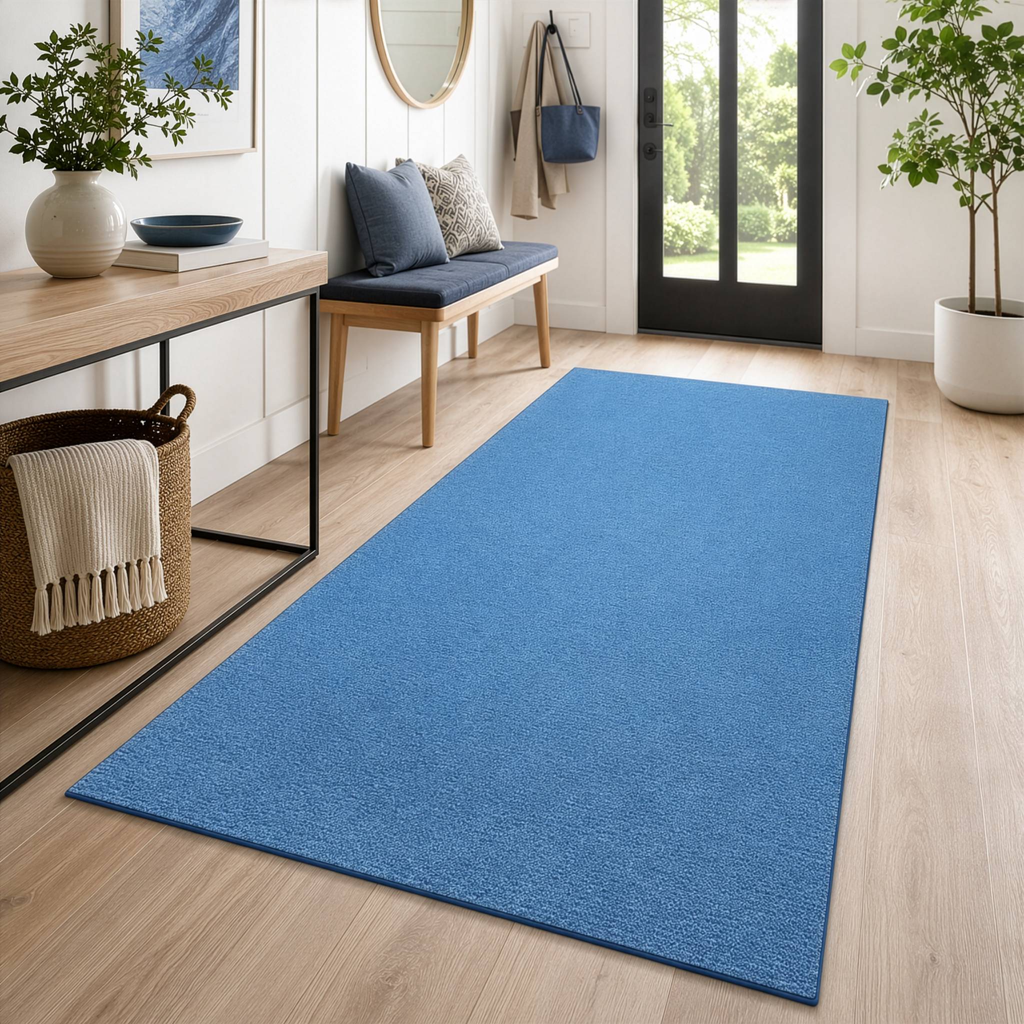 FLOORDIREKT Teppich-Läufer London – Pflegeleichter Schlingenfloor – Modernes Design – Hellblau – 200 x 450 cm