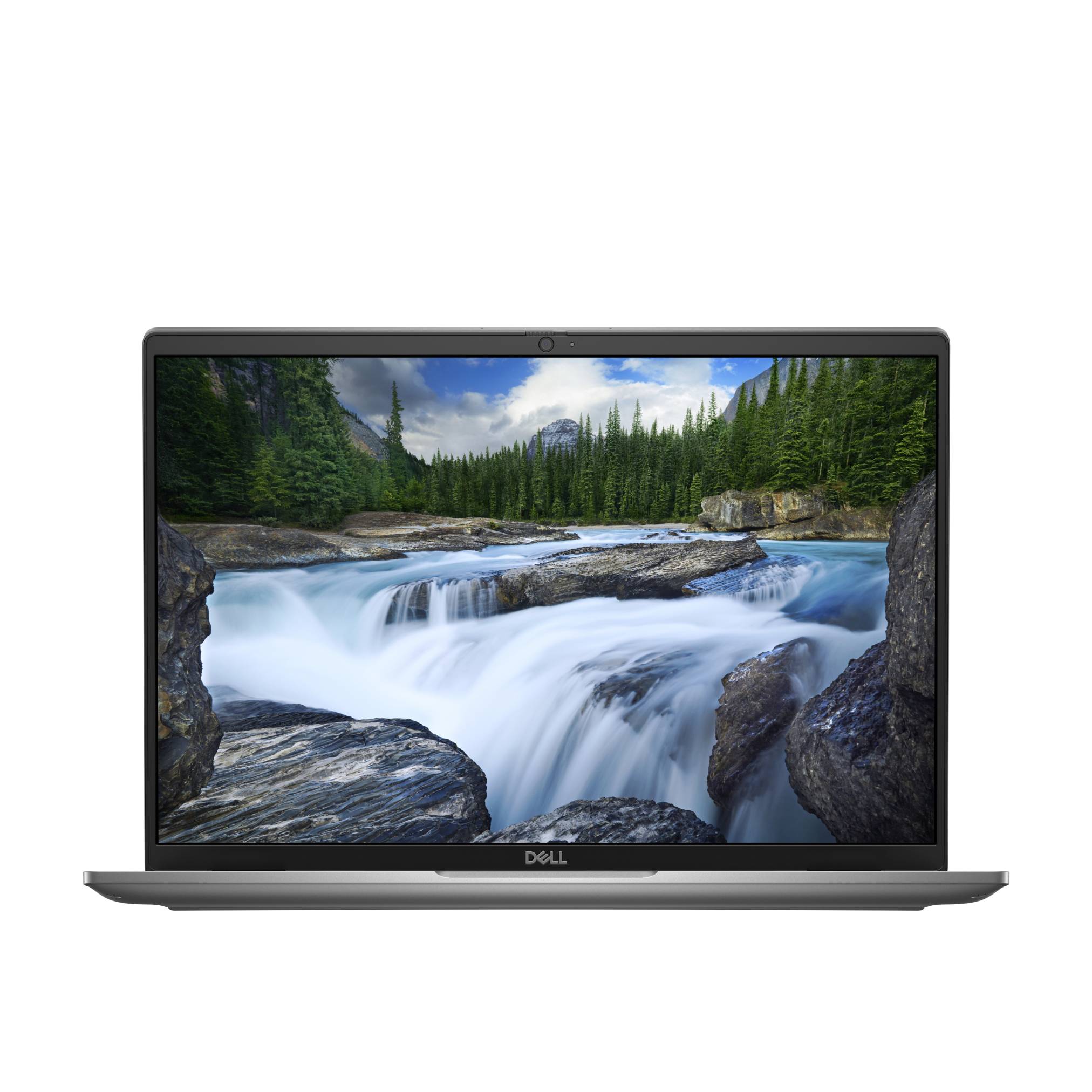 Dell-Laptop, das eine malerische Wasserfalllandschaft und Waldlandschaft auf seinem Bildschirm anzeigt, zentriert auf weißem Hintergrund.