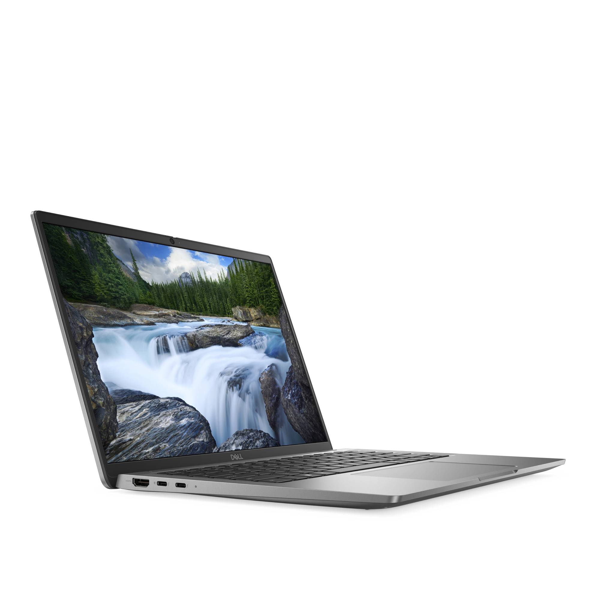 Silberner Dell-Laptop in schräger Position geöffnet und zeigt eine Wasserfalllandschaft auf weißem Hintergrund.