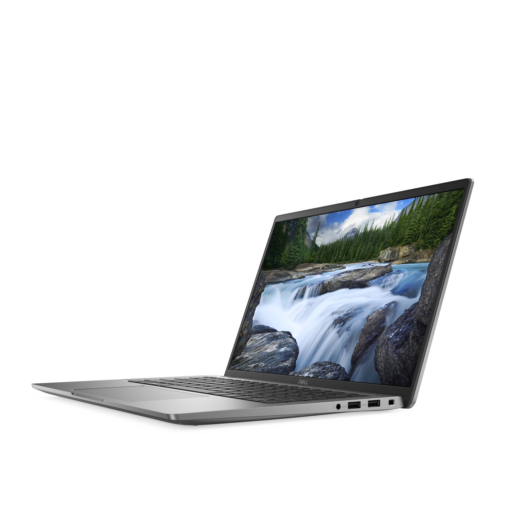 Silberner Laptop, der in einem Winkel offen angezeigt wird, mit einer Wasserfalllandschaft auf dem Bildschirm vor weißem Hintergrund.