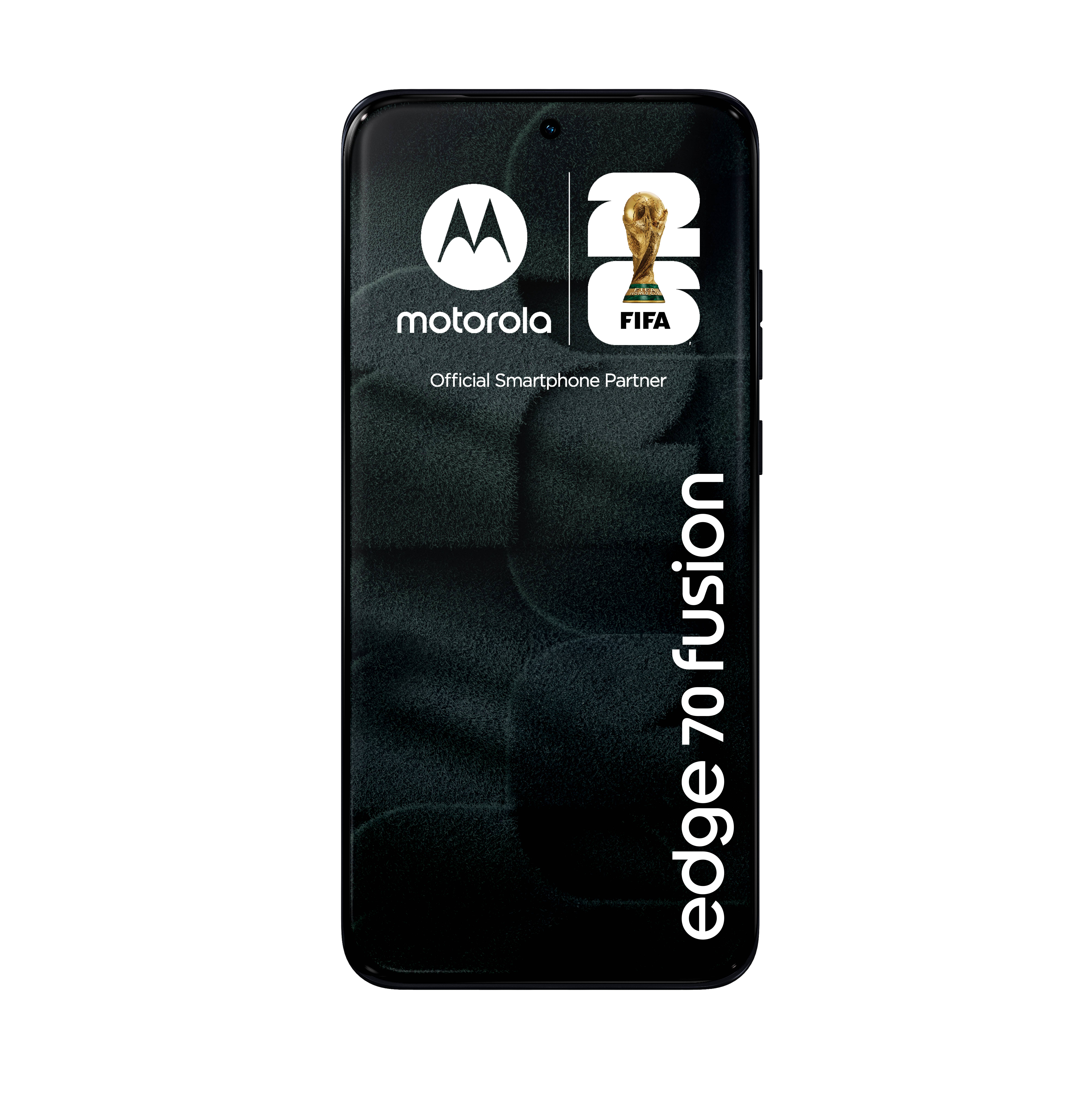 Motorola Edge 70 Fusion Smartphone frontal auf schwarzem Hintergrund dargestellt, mit "motorola"", FIFA 2026 Emblem und Text ""Official Smartphone Partner"".