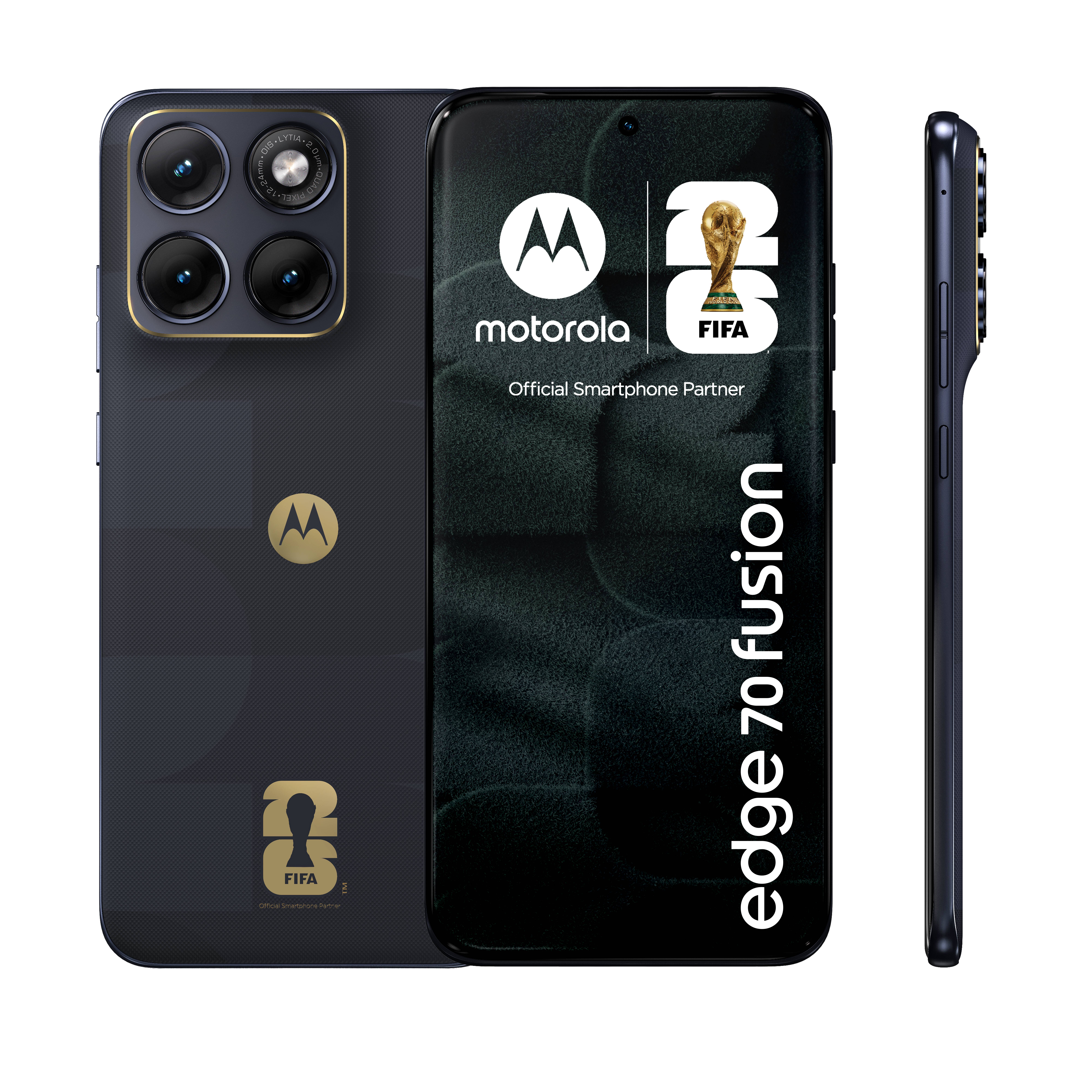 Motorola Edge 70 Fusion Smartphone von vorne, hinten und von der Seite gezeigt, mit FIFA 2022-Branding und Text "Offizieller Smartphone-Partner"".