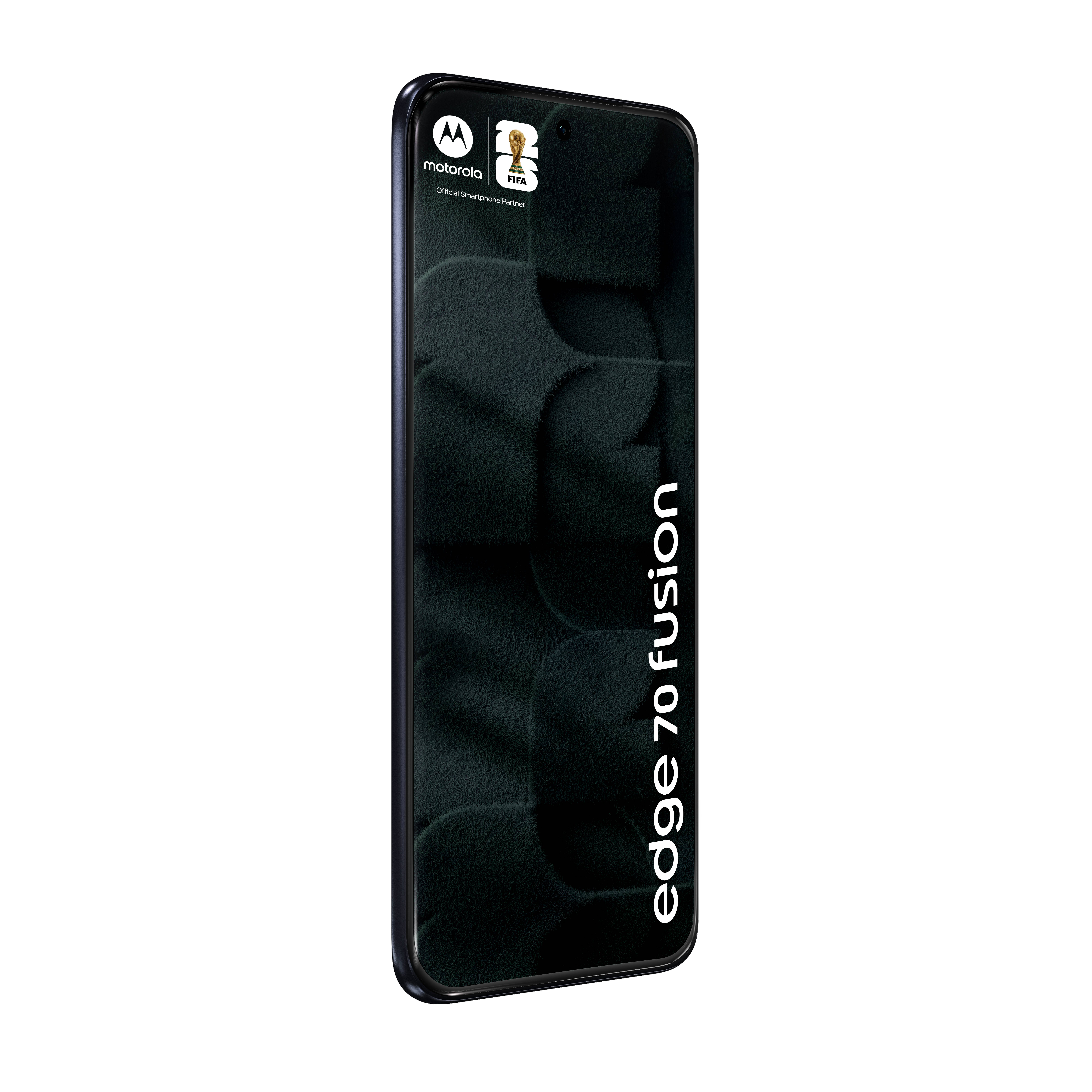 Motorola Edge 70 Fusion Smartphone auf schwarzem Hintergrund dargestellt, mit Logo und "edge 70 fusion"" Text auf dem Bildschirm des Telefons.