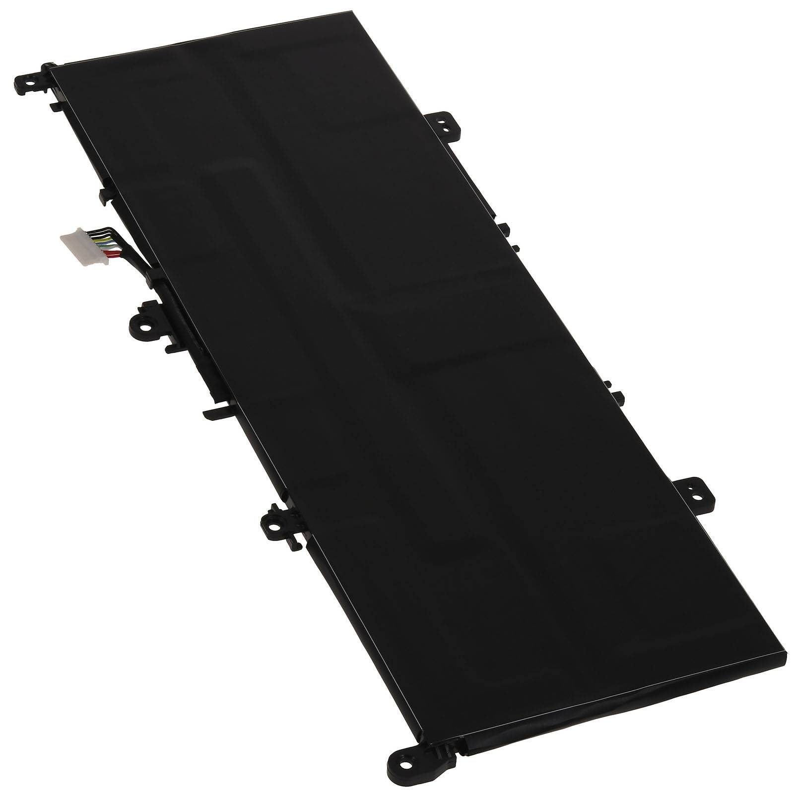 Schwarzer rechteckiger Laptop-Akku mit Stecker und Befestigungslaschen auf weißem Hintergrund.