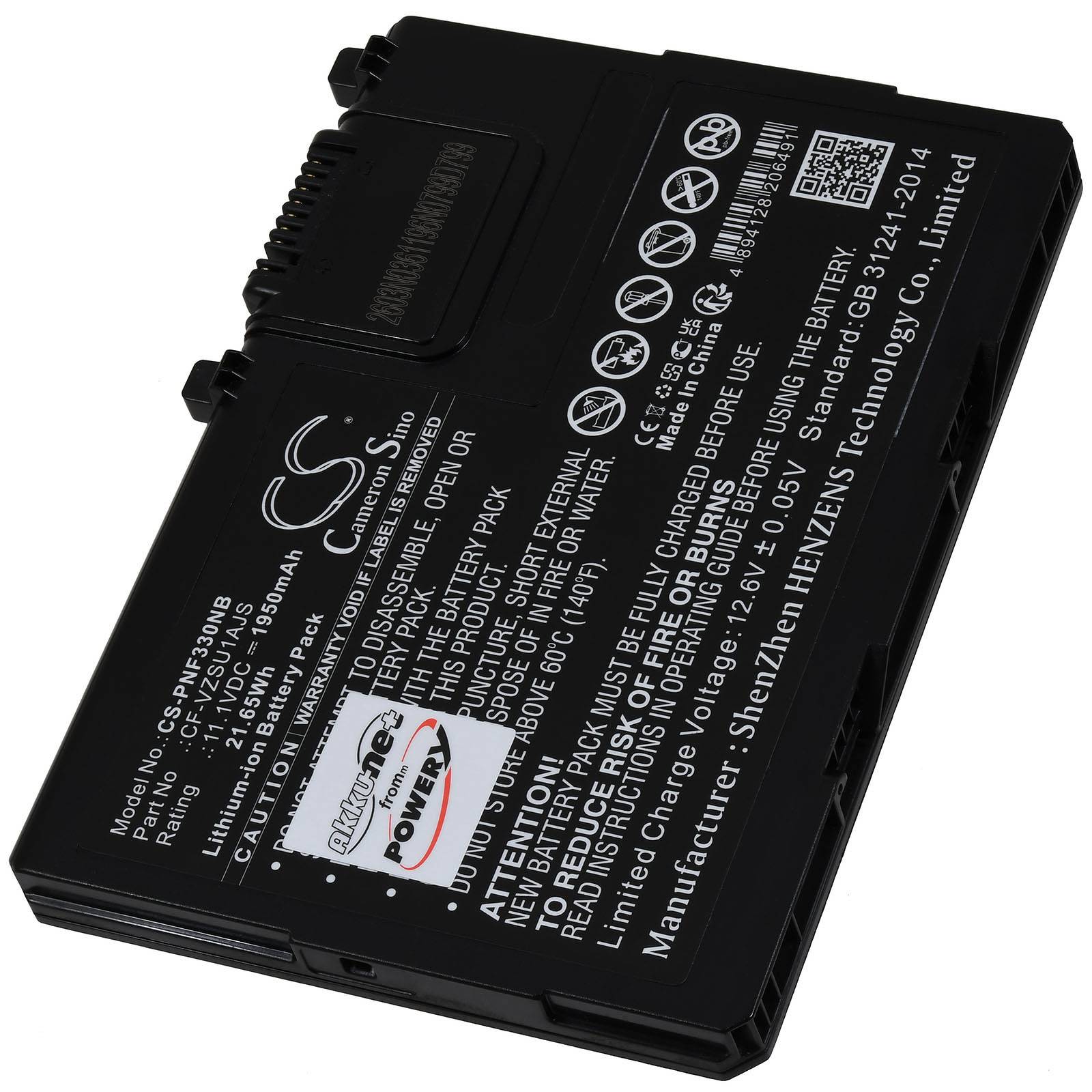 Schwarze wiederaufladbare Lithium-Ionen-Batterie mit gedruckten Sicherheitswarnungen und Spezifikationen auf dem Etikett.