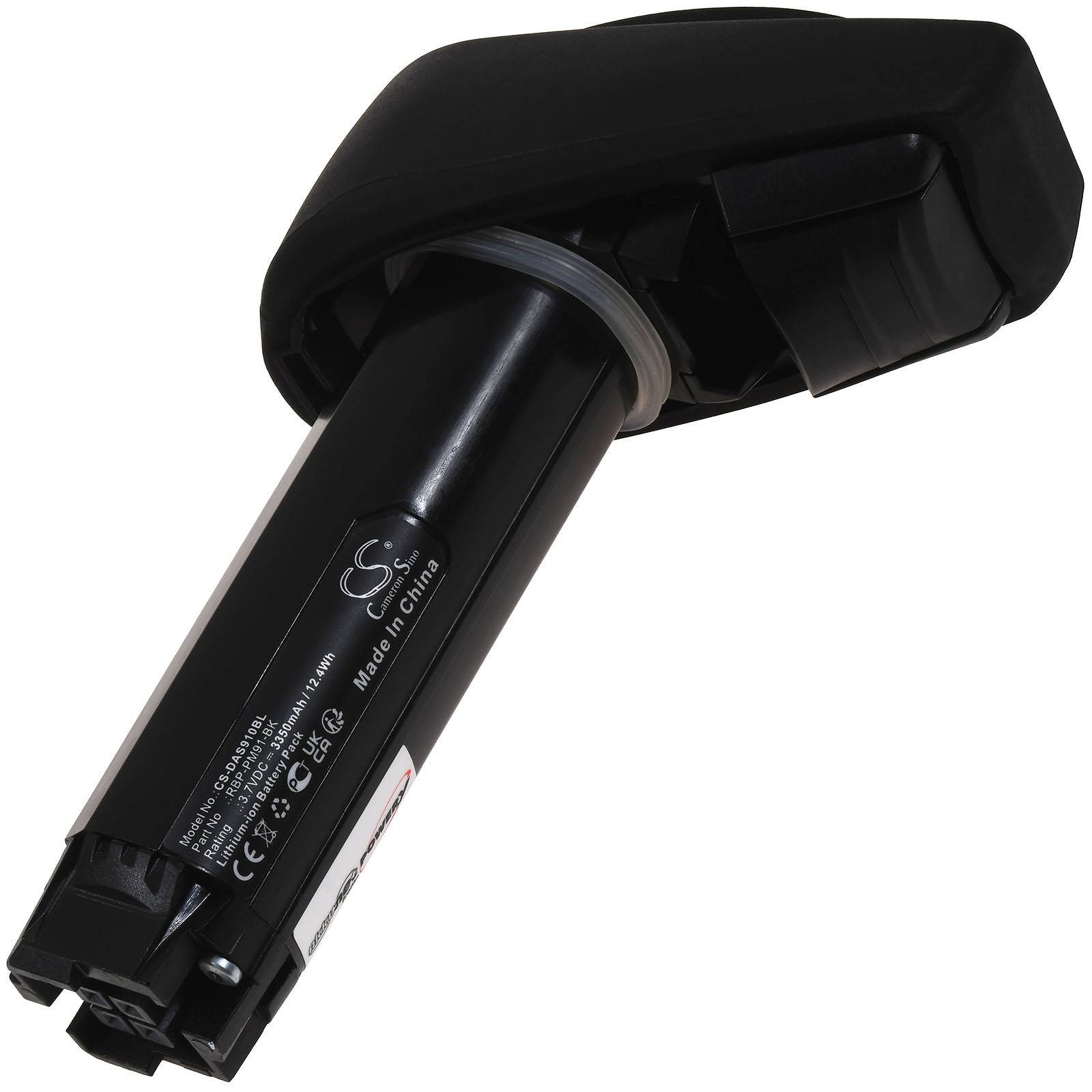 Schwarze Fahrrad-Sattelstützen-Batterie mit integrierter Sattelhalterung auf weißem Hintergrund.