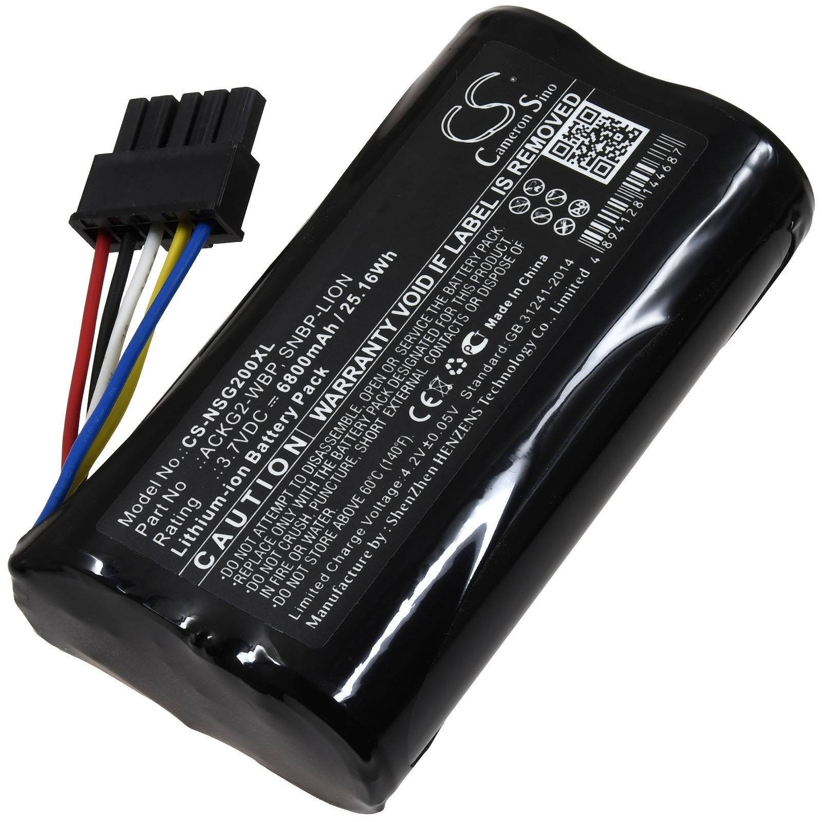 Schwarzes wiederaufladbares Lithium-Ionen-Akkupack mit angeschlossenem Stecker und gekennzeichneten Warninformationen.