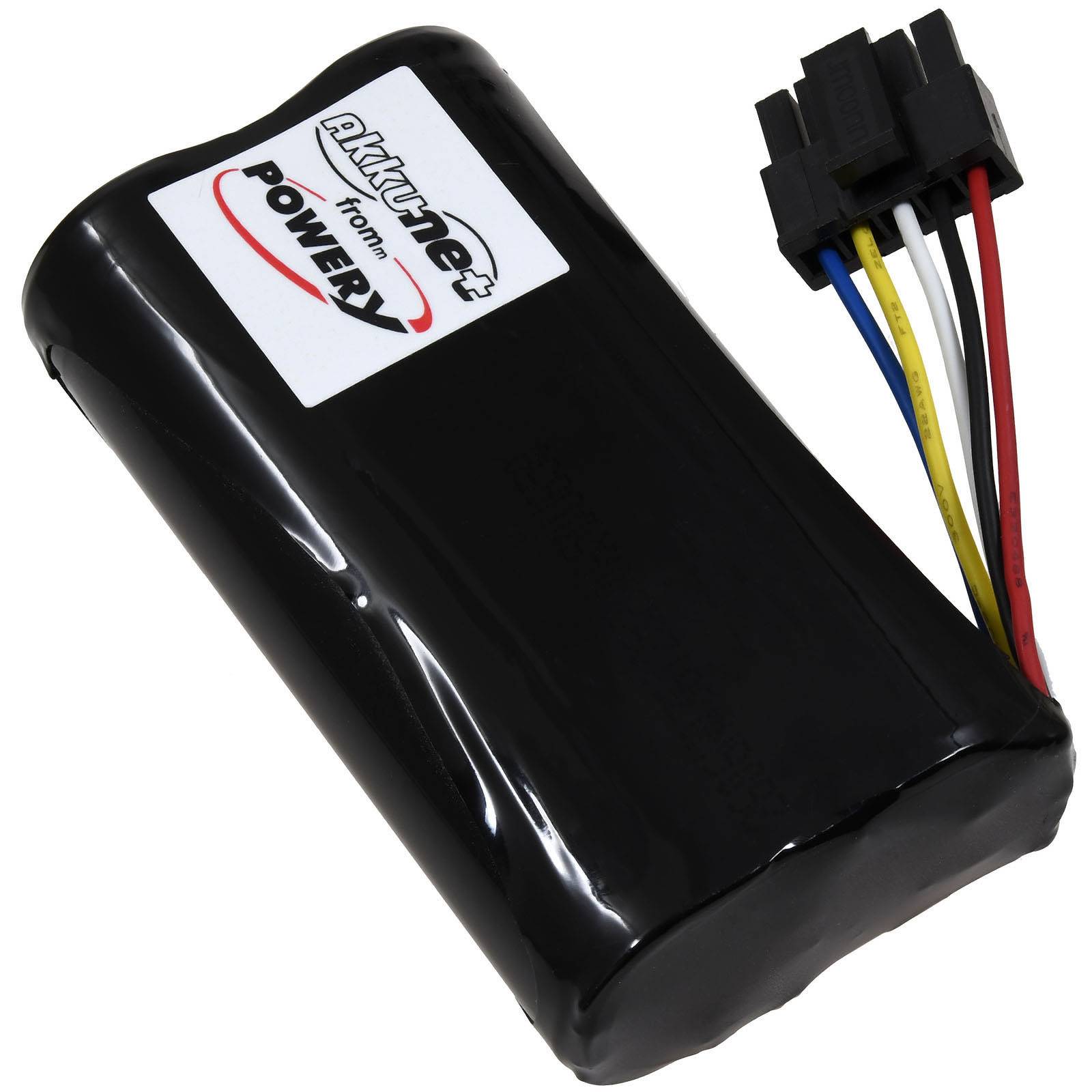 Schwarzes Batteriepack mit angebrachtem mehrfarbigem Steckverbinder, gekennzeichnet mit „from Power