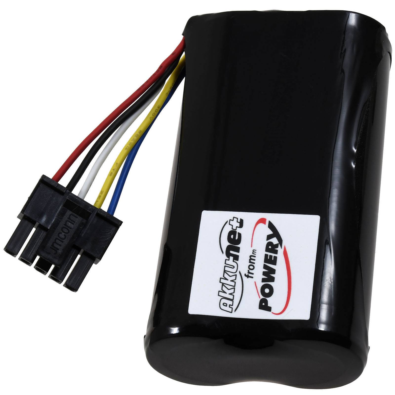 Schwarzer aufladbarer Batteriepack mit vierpoliger Steckverbindung mit der Bezeichnung „AkkyNet from POWER