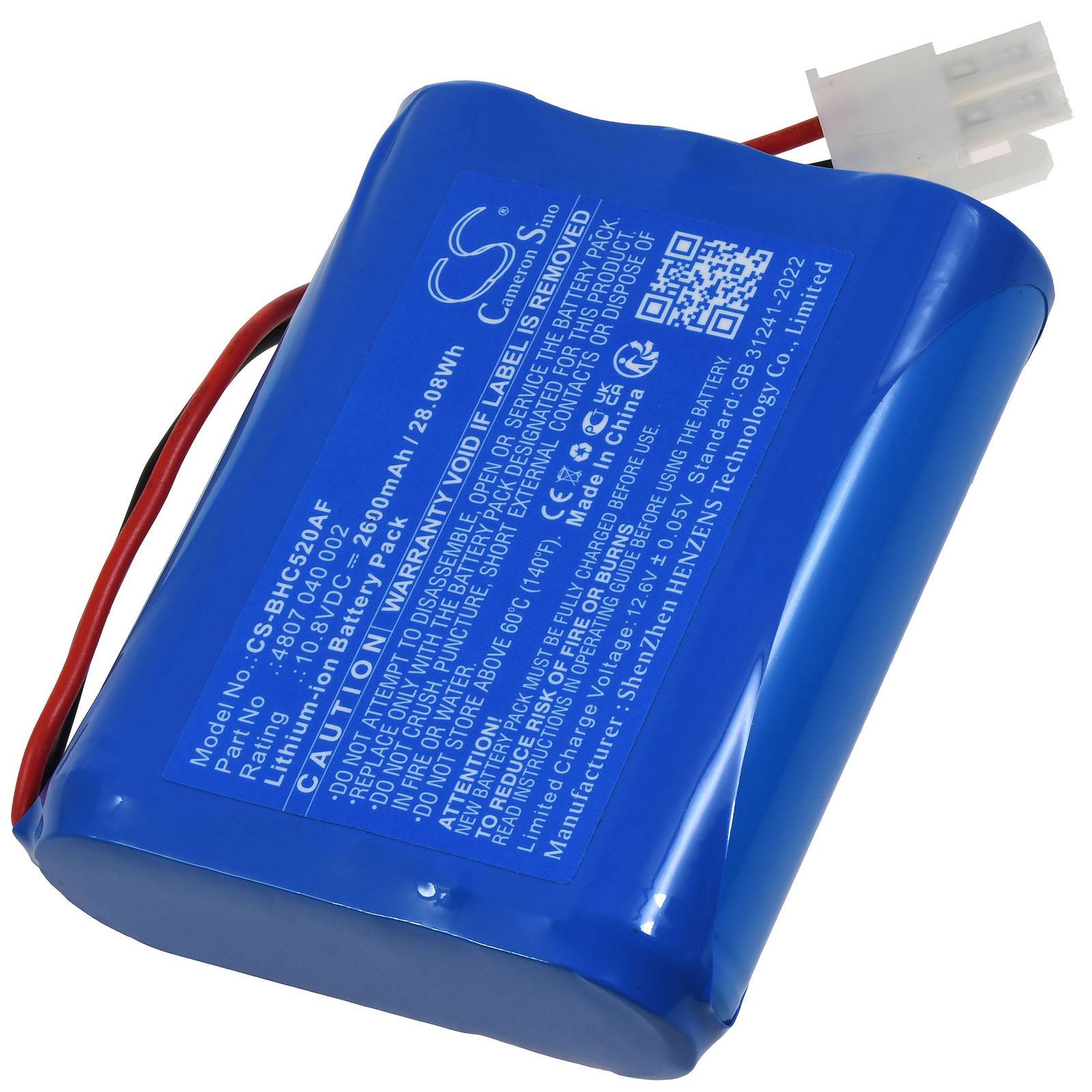 Blaues wiederaufladbares Lithium-Ionen-Akkupack mit roten und schwarzen Drähten und einem weißen Stecker, gekennzeichnet mit 11,1V 2600mAh 28,08Wh.
