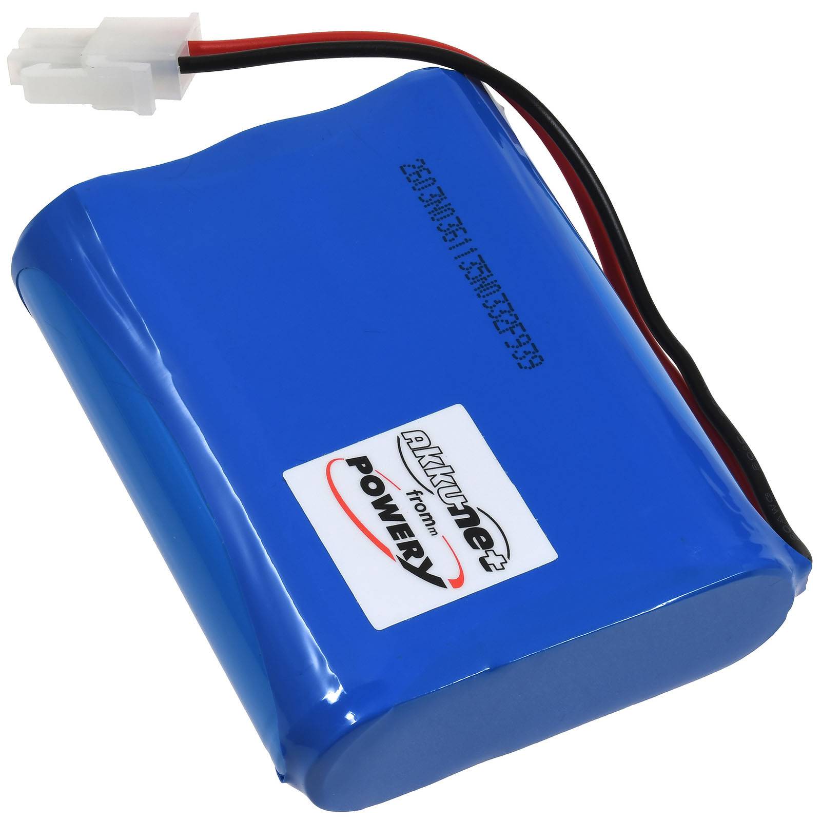 Blauer wiederaufladbarer Batteriepack mit roten und schwarzen Drähten und weißem Stecker, beschriftet mit „AKKU-net von POWER