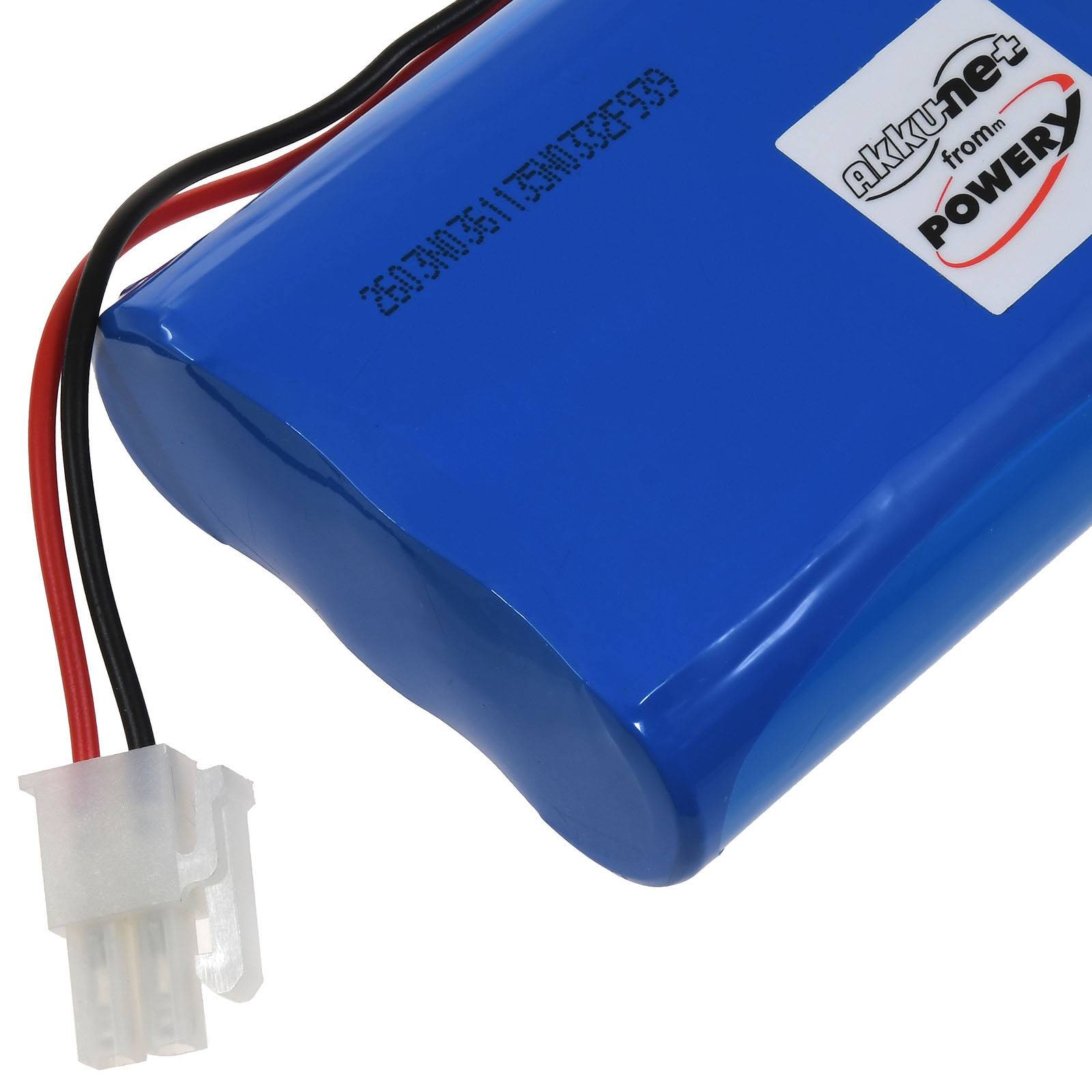 Blauer wiederaufladbarer Akku mit roten und schwarzen Kabeln, die in einem weißen Stecker enden, mit der Aufschrift „akku from POWER