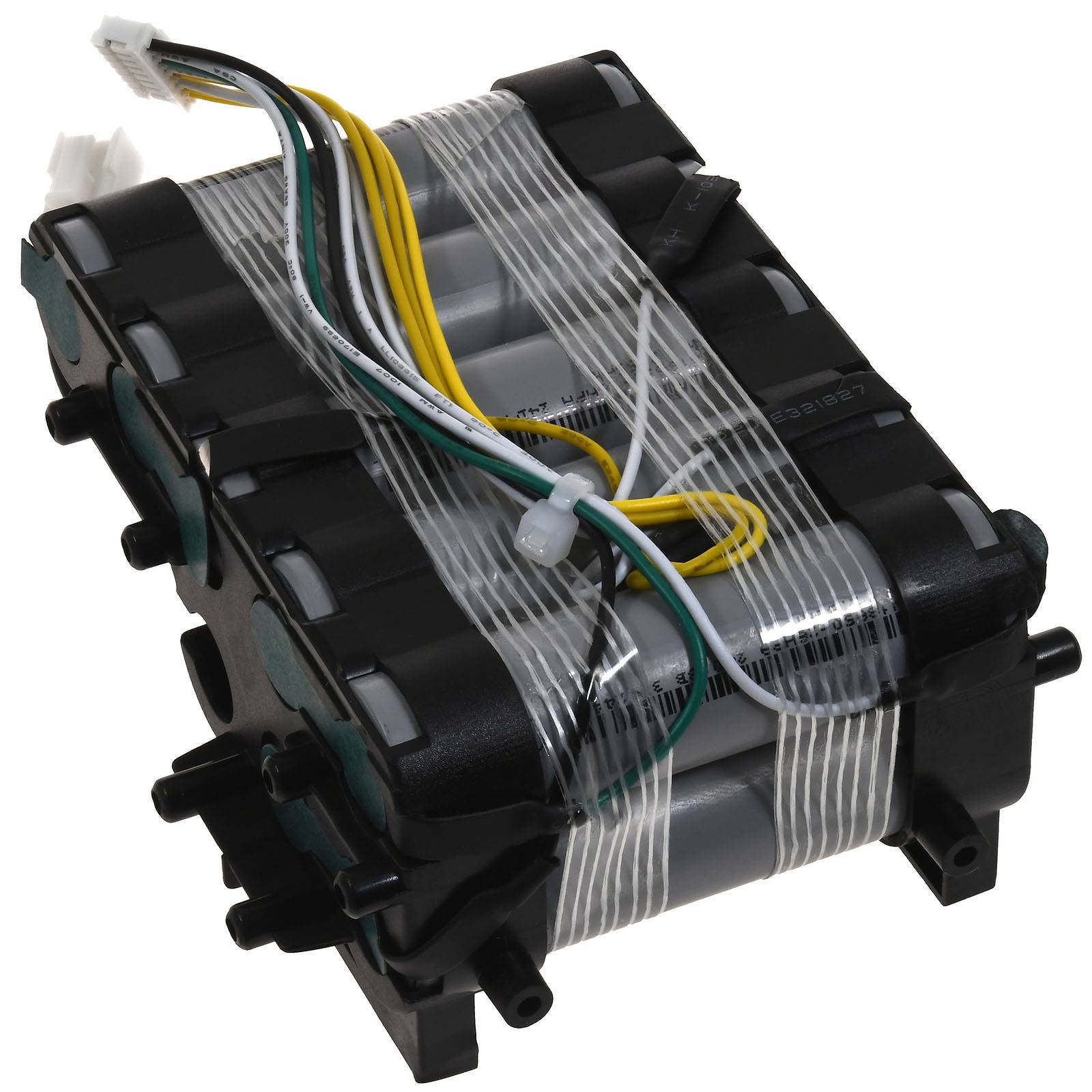 Bündel zylindrischer Batterien, die mit Drähten und einem Stecker zusammengebunden sind, wahrscheinlich ein wiederaufladbares Batteriepack oder Leistungsmodul.