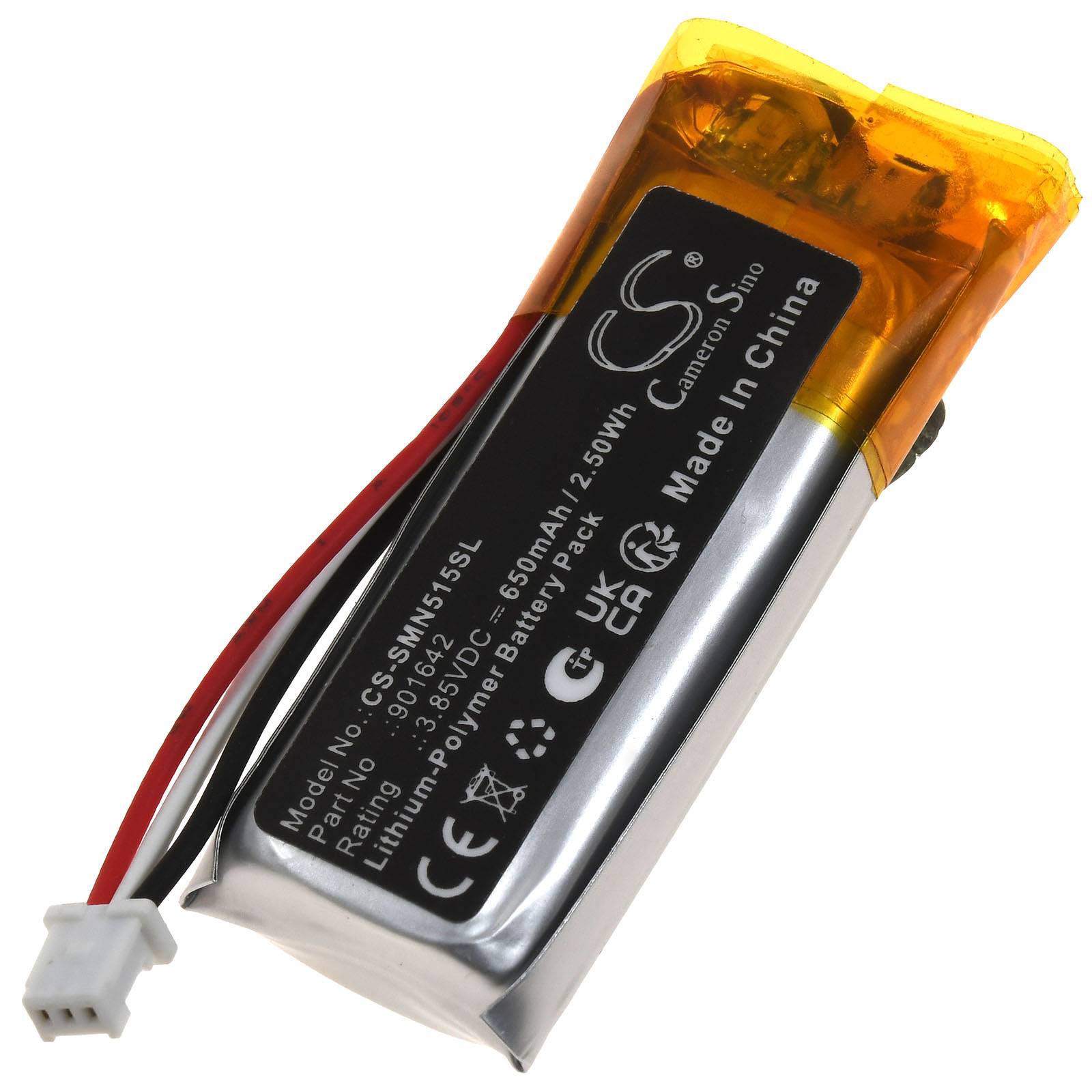 Silber-Lithium-Polymer-Akkupack mit roten und schwarzen Anschlussdrähten und weißem Stecker, beschriftet mit 3,7V 650mAh, 2,405Wh, hergestellt in China.