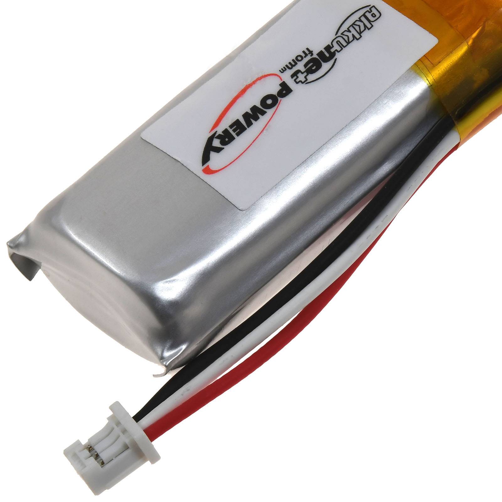 Silberner wiederaufladbarer Batteriepack mit angebrachten roten, schwarzen und weißen Anschlussleitungen.