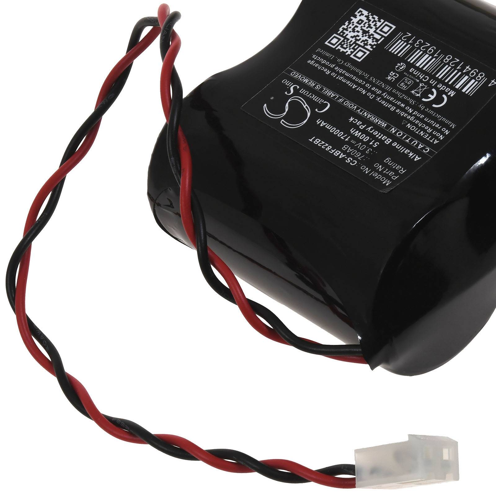 Schwarzes wiederaufladbares Batteriepaket mit roten und schwarzen Drähten, die in einem weißen Stecker enden, auf weißem Hintergrund dargestellt.