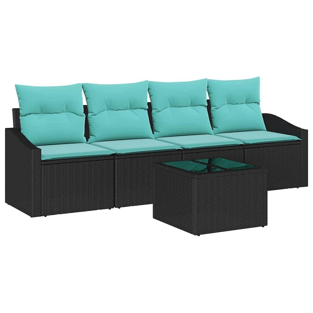 Schwarzes Korbgeflecht-Außensofa mit türkisfarbenen Kissen und passendem Glastisch auf weißem Hintergrund.
