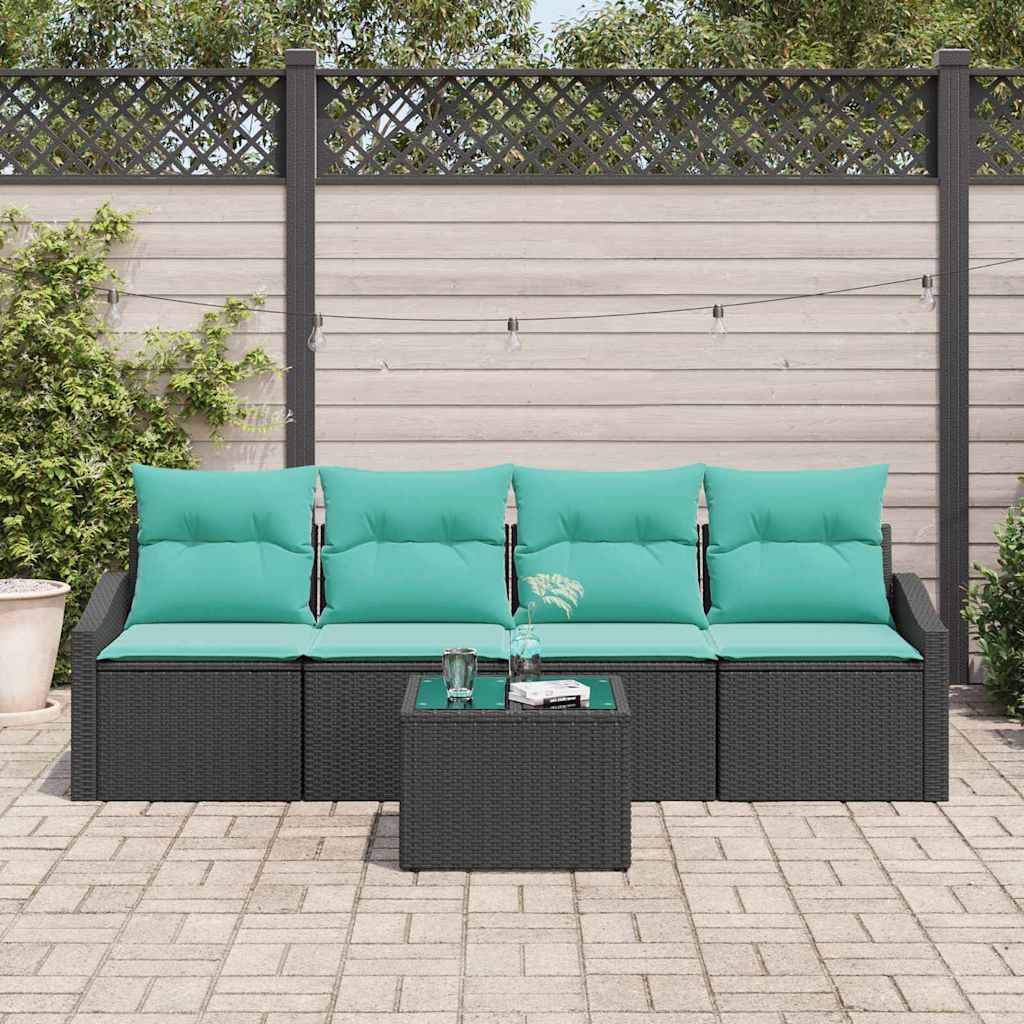 vidaXL Sofa Set mit Kissen 5 pcs Schwarz und Türkis Poly Rattan