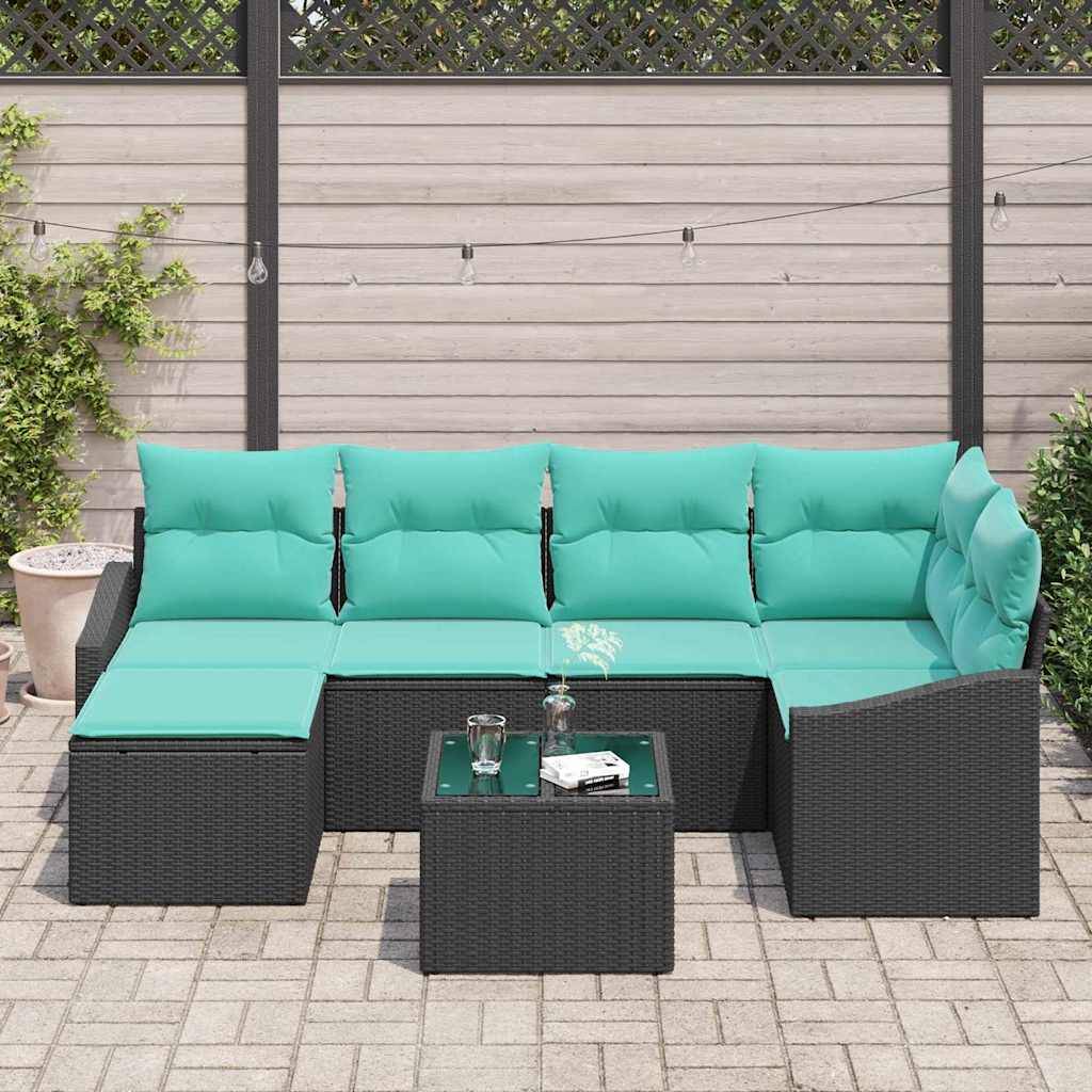 vidaXL Sofa Set mit Kissen 7 pcs Schwarz Poly Rattan