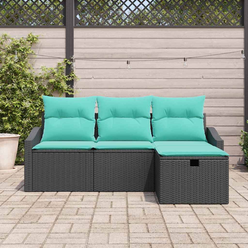 vidaXL Sofa Set mit Kissen mit Speicher 4 pcs Schwarz Poly Rattan