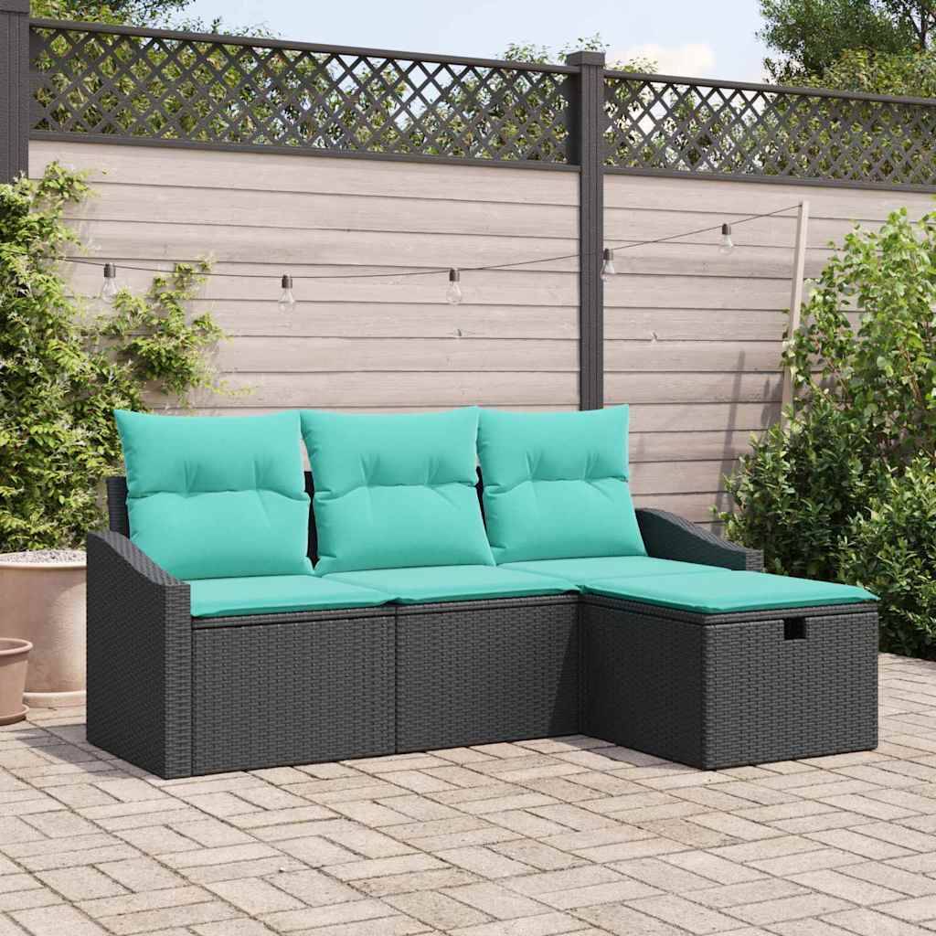 vidaXL Sofa Set mit Kissen mit Speicher 4 pcs Schwarz Poly Rattan
