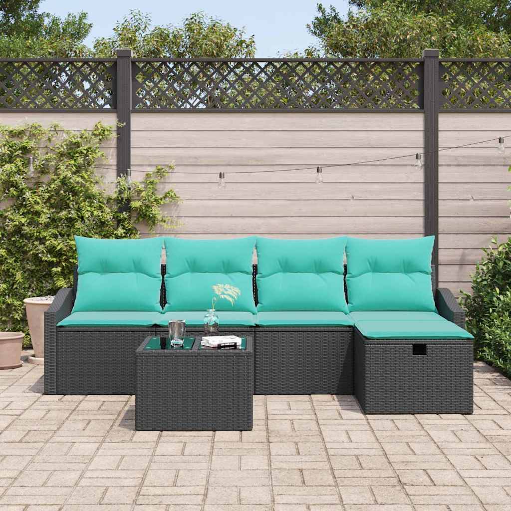 vidaXL Sofa Set mit Kissen mit Speicher 6 pcs Schwarz Poly-Rattan