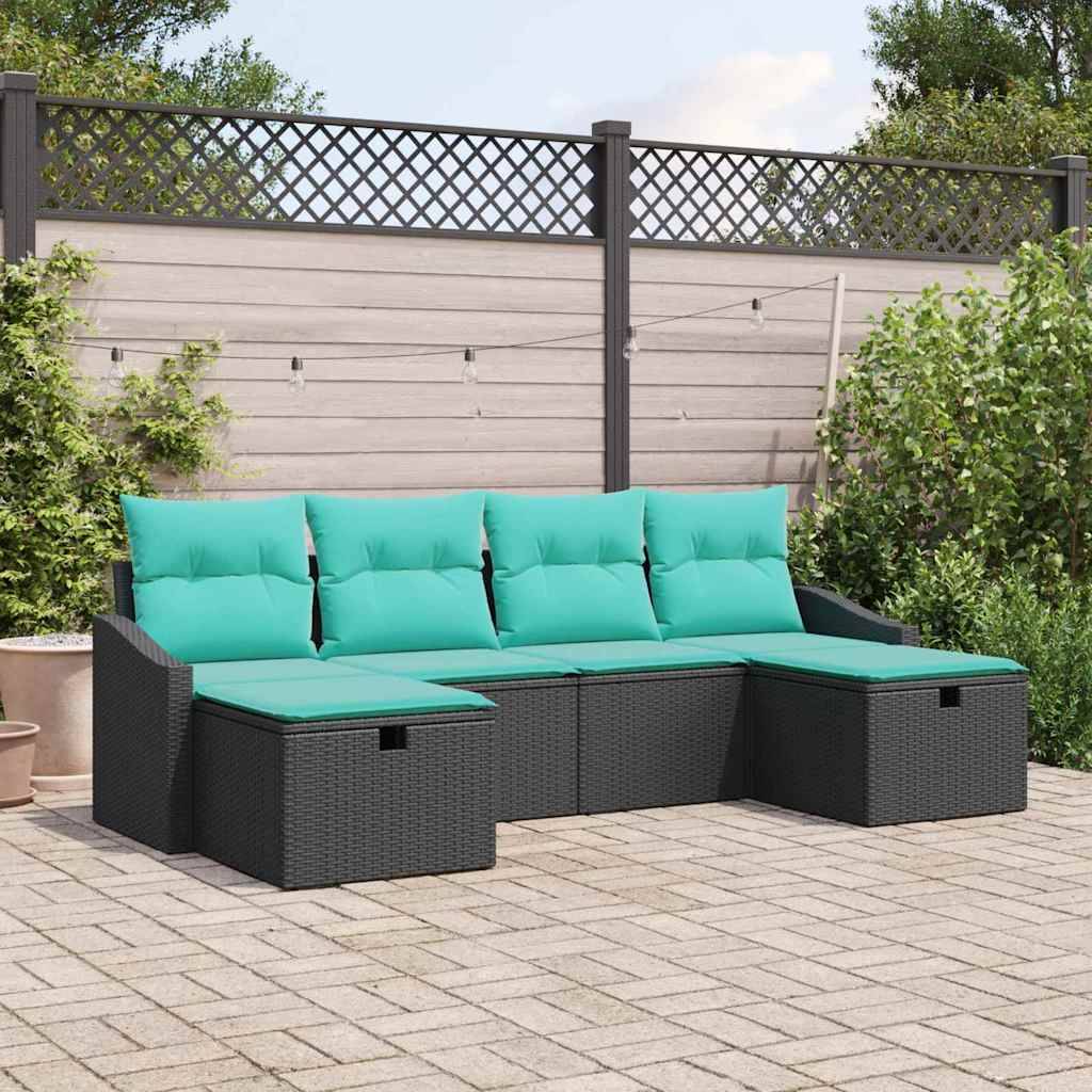 vidaXL Garten-Sofa-Set mit Kissen 6 pcs Schwarz Poly Rattan