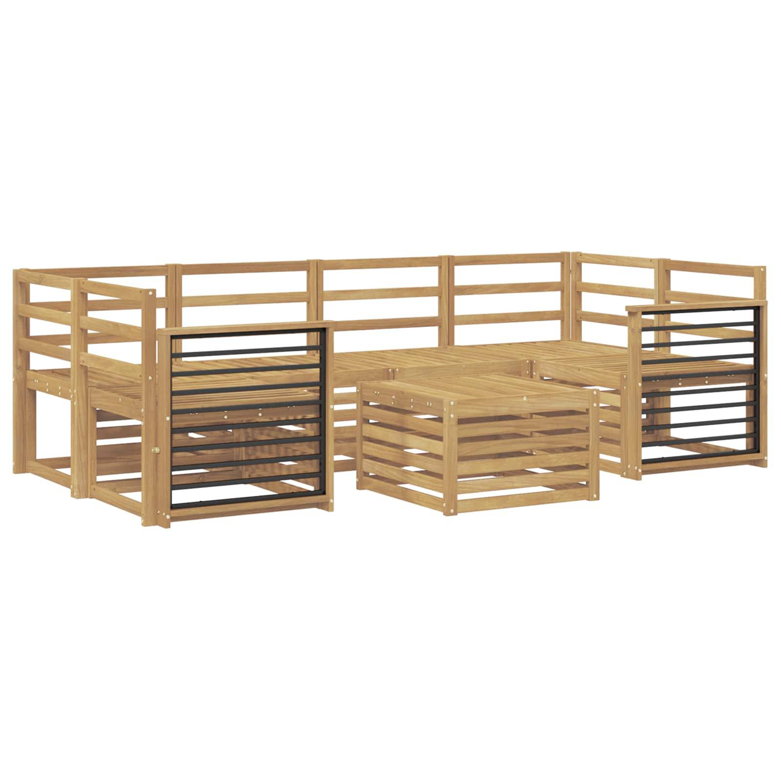 Outdoor-Holzsitzanlage in L-Form mit Lamellenlehnen und Seitenpanelen, schwarze Metallakzente und zwei passende Seitensektionen.