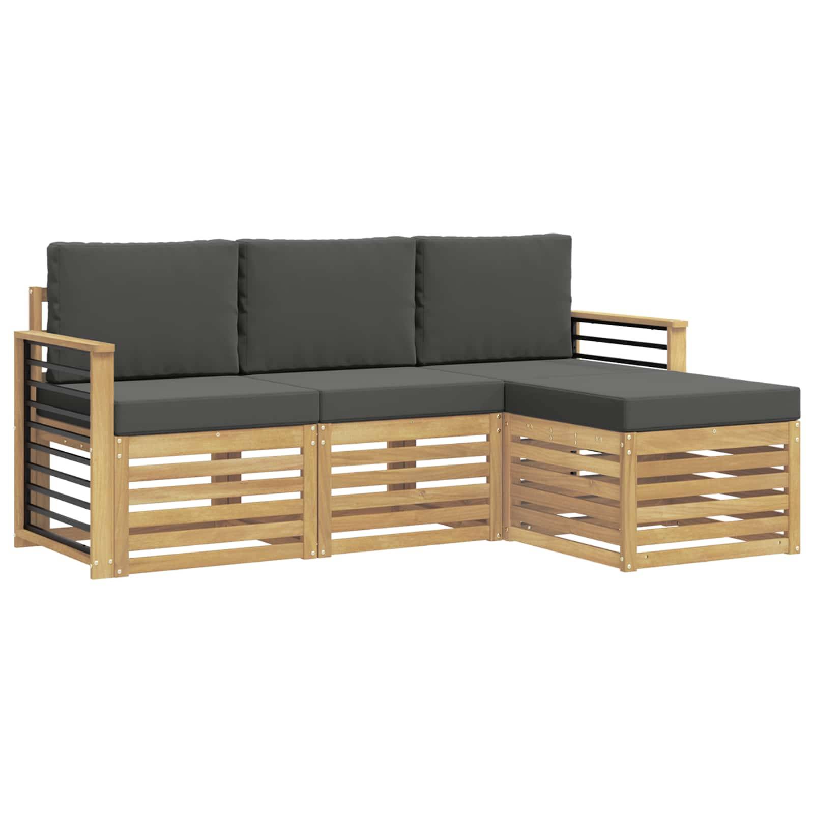 Modernes Outdoor-Ecksofa mit dunkelgrauen Kissen und hellem Holzlattenrahmen, gezeigt auf weißem Hintergrund.