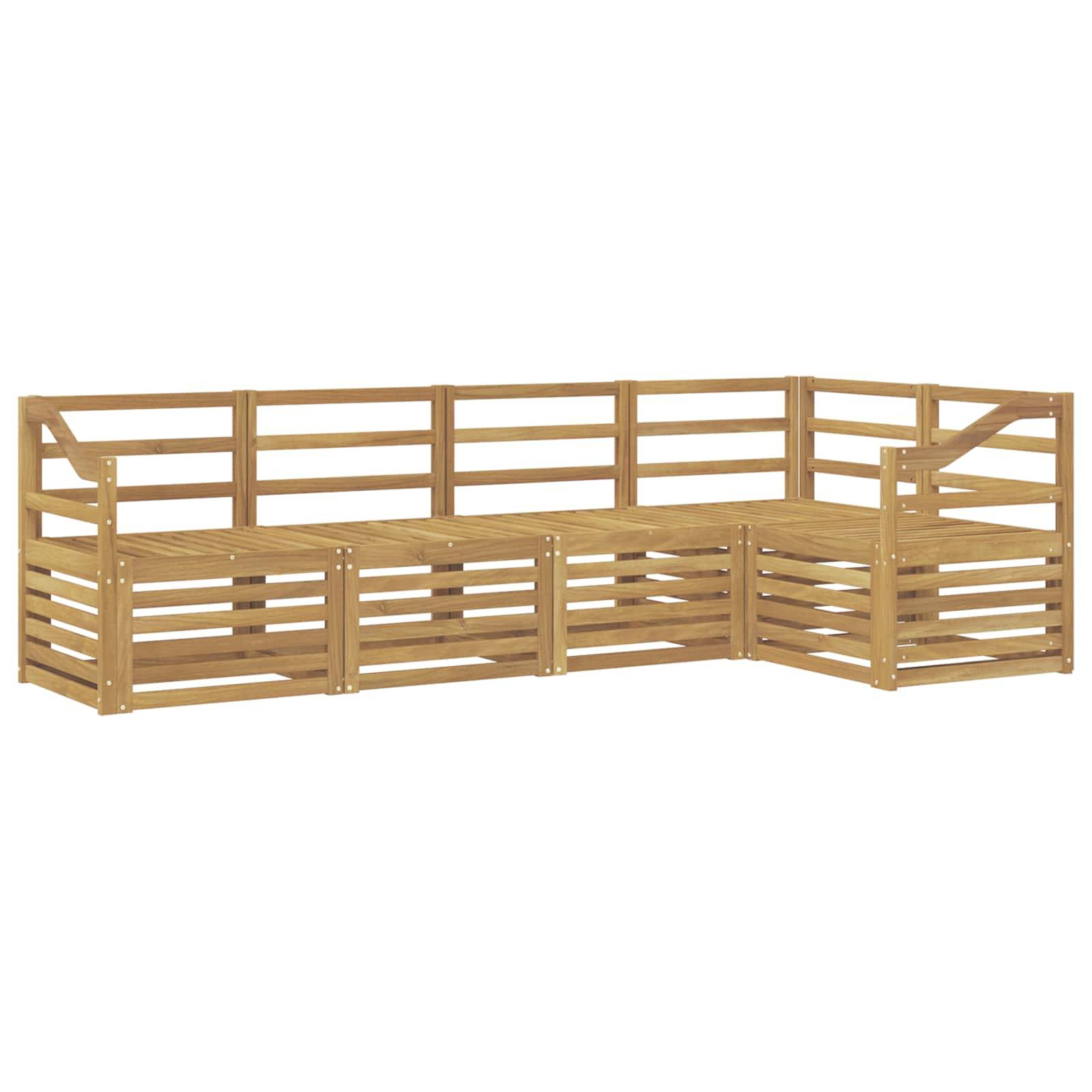 Holzbank in L-Form für den Außenbereich mit Lamellenlehne und Seitenlehnen, die eine Eckensitzfläche auf weißem Hintergrund bildet.