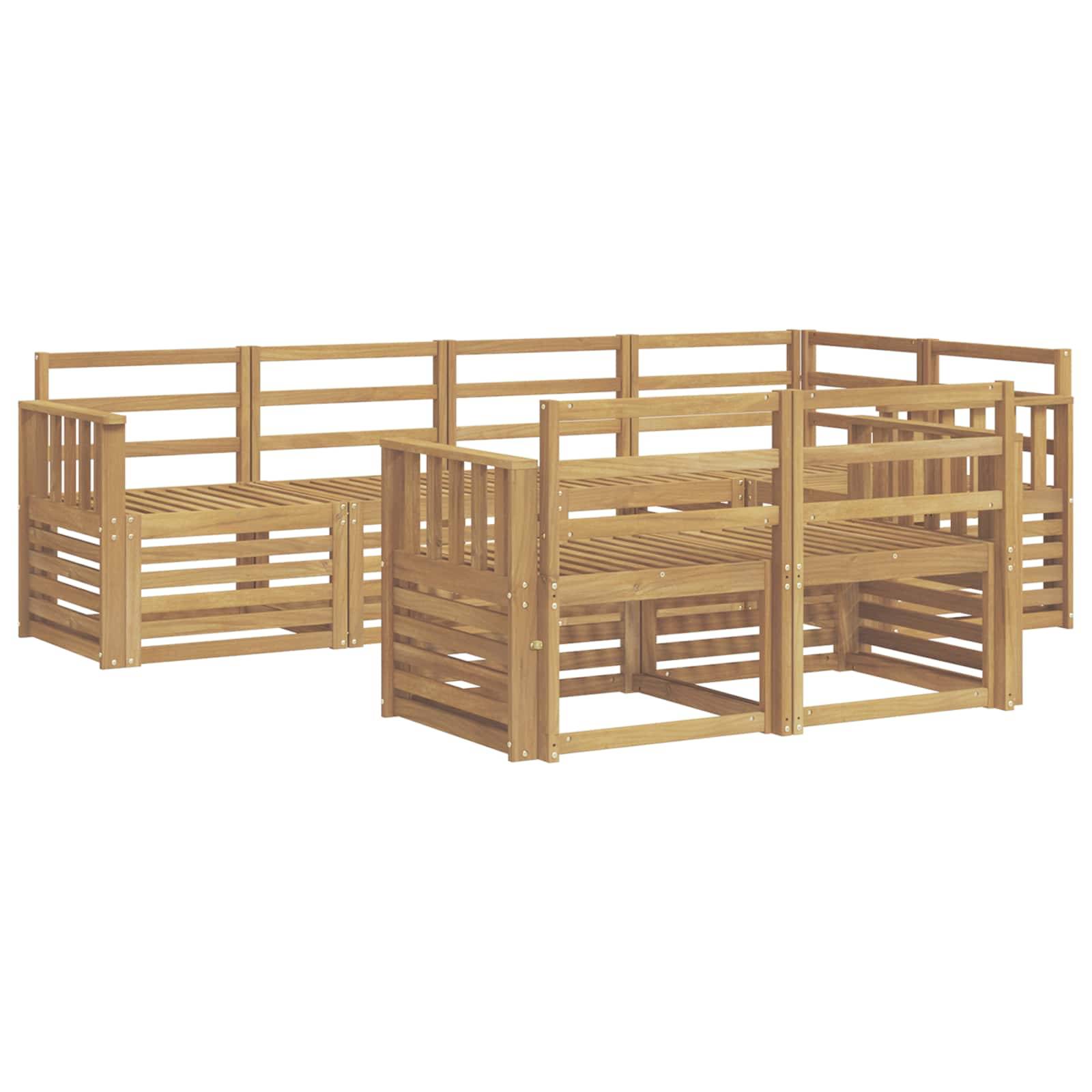 Zwei Holz-Modulsofasektionen mit lamellierter Seitenwand und Rückenlehne, die U-förmig auf weißem Hintergrund angeordnet sind.