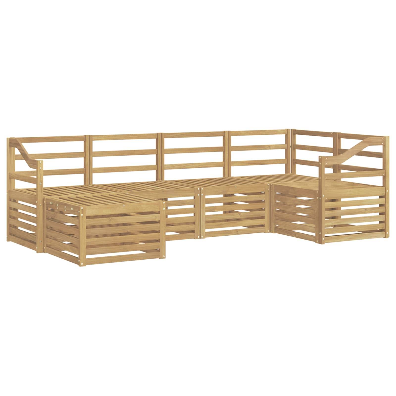 L-förmige Holz-Außeneckbank mit Lamellenlehne, Armlehnen und integriertem Stauraum unter den Sitzflächen.