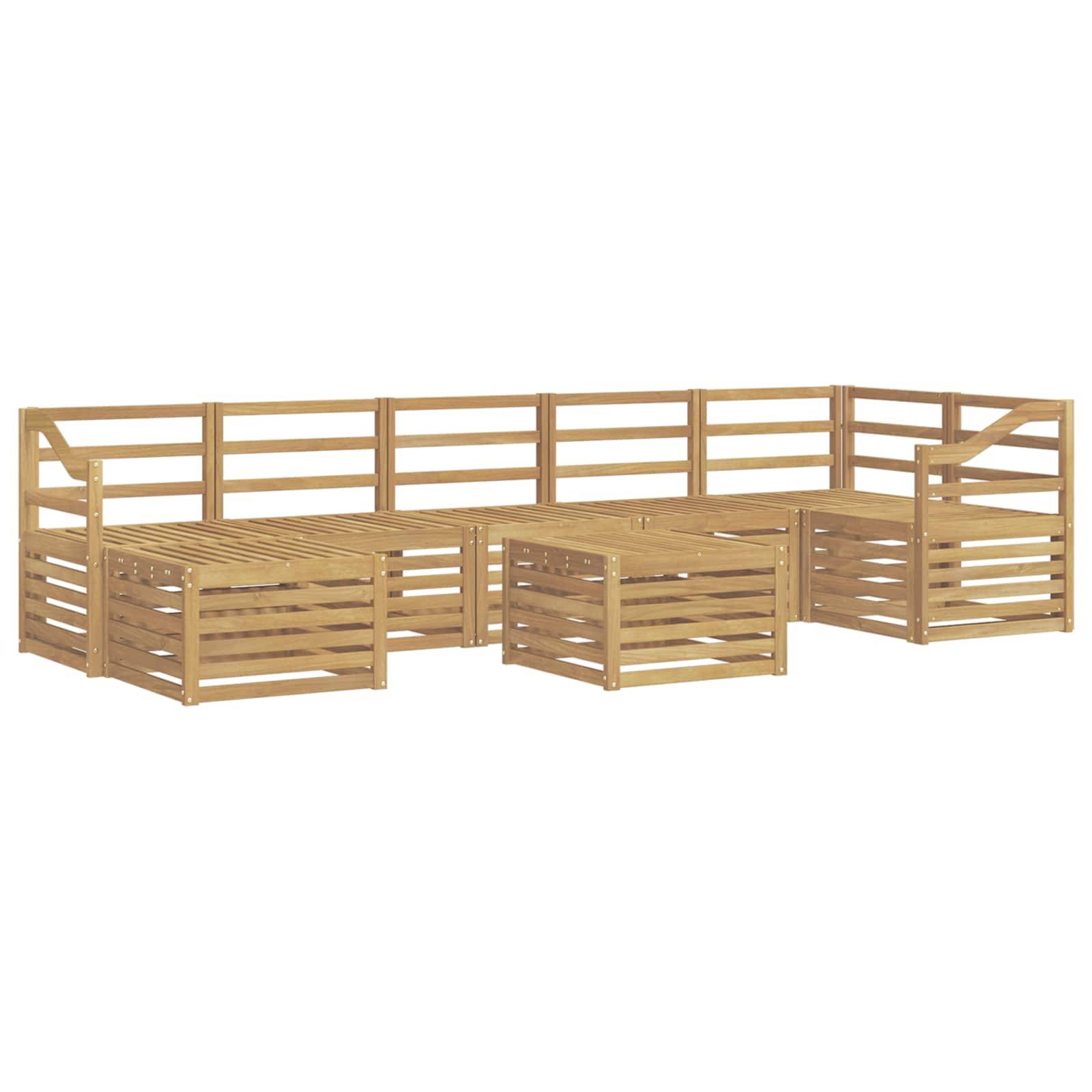 L-förmige Holz-Gartensitzgruppe mit Lamellenlehnen, Seitenpaneelen und passenden Tischen/Bänken auf weißem Hintergrund.