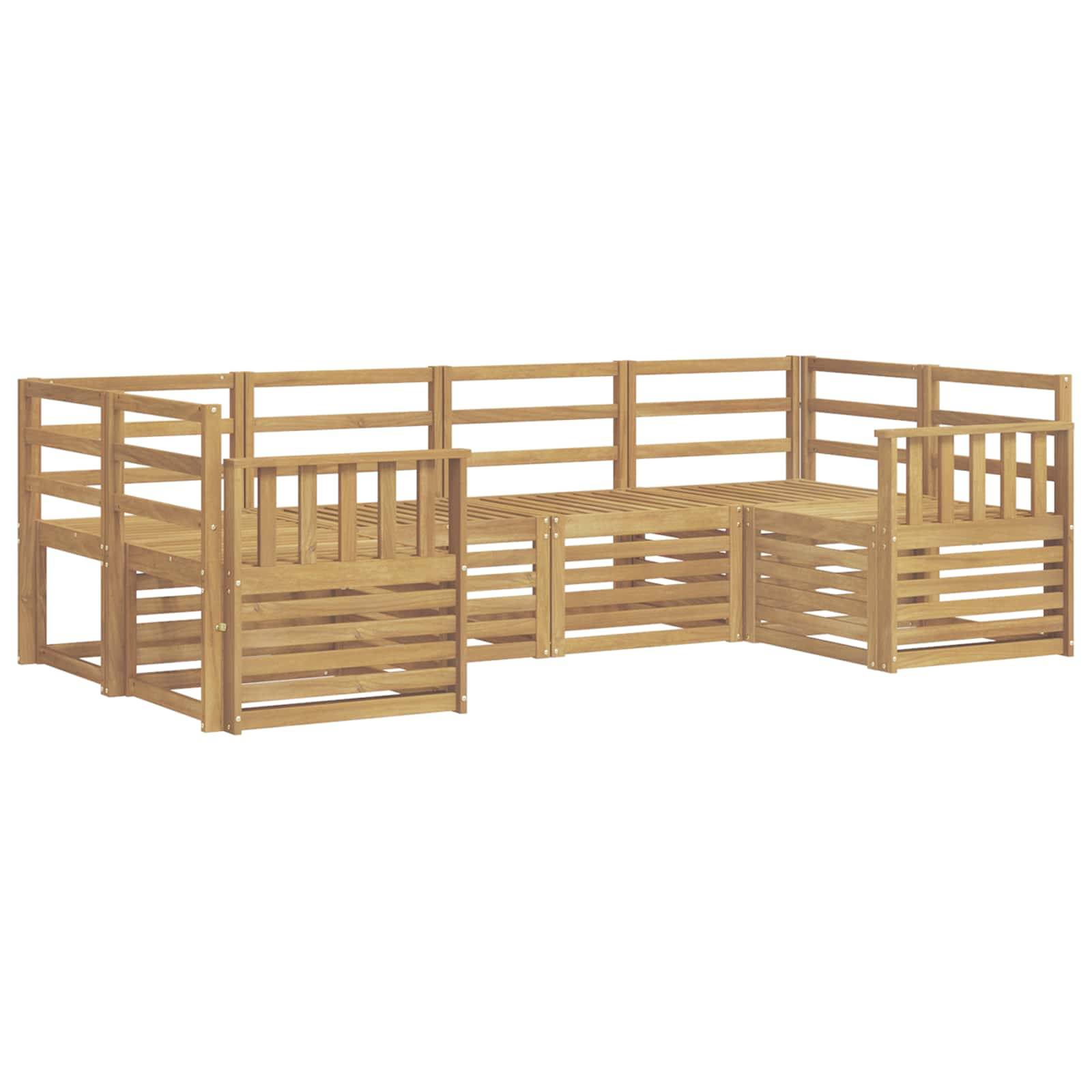 Holzbank in L-Form für den Außenbereich mit lamelliger Rückenlehne und Armlehnen, gezeigt auf weißem Hintergrund.