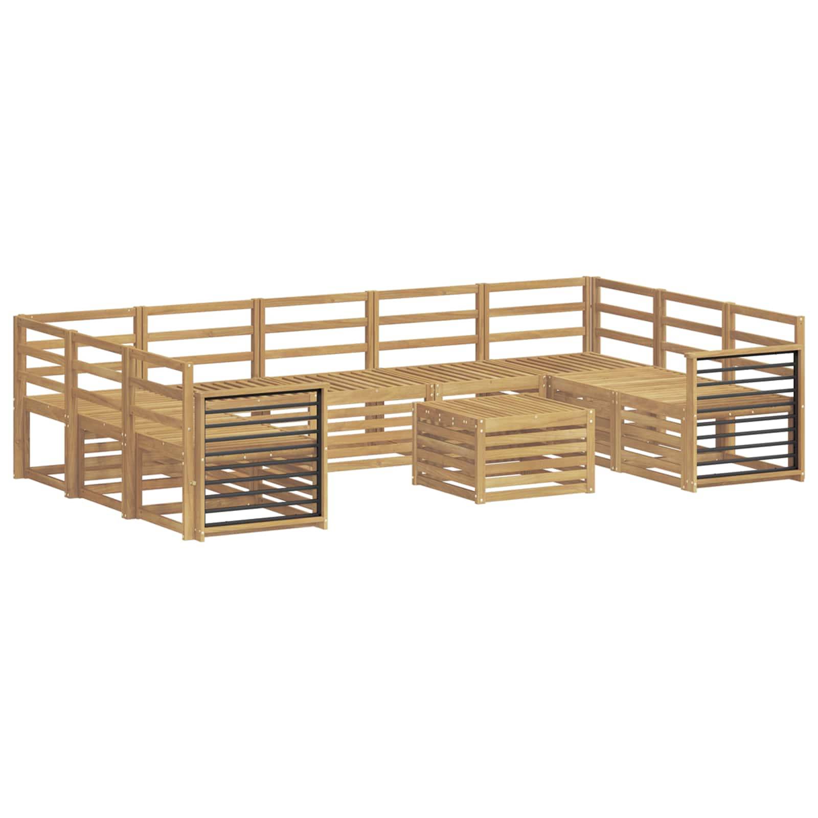 Holz-Außenlounge mit Latten-Rahmen, schwarzen Armlehnen-Einsätzen und passendem Couchtisch auf weißem Hintergrund.