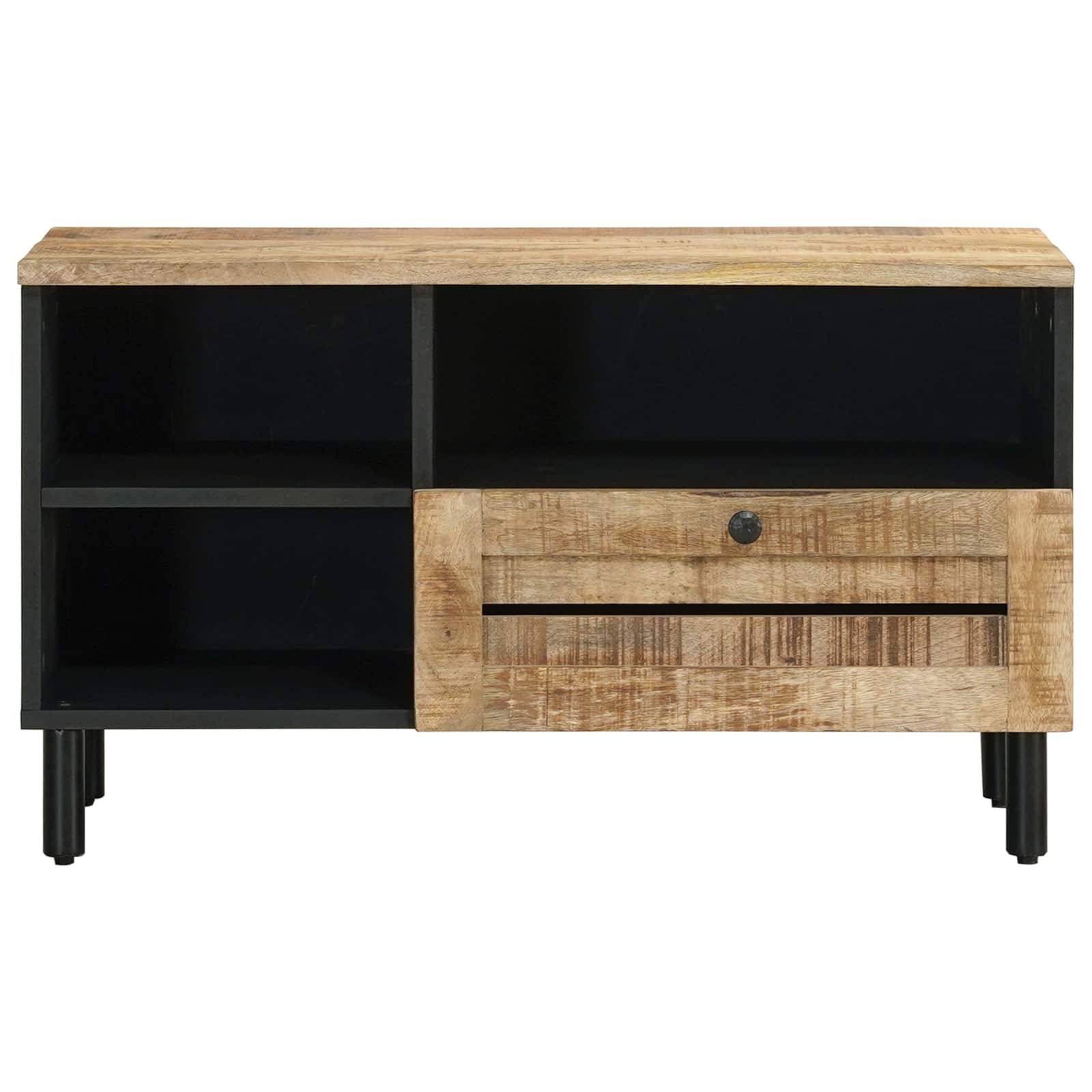 Holz-Fernsehstand mit schwarzen offenen Regalen, einer Schublade und einer Naturholzplatte auf schwarzen Beinen.