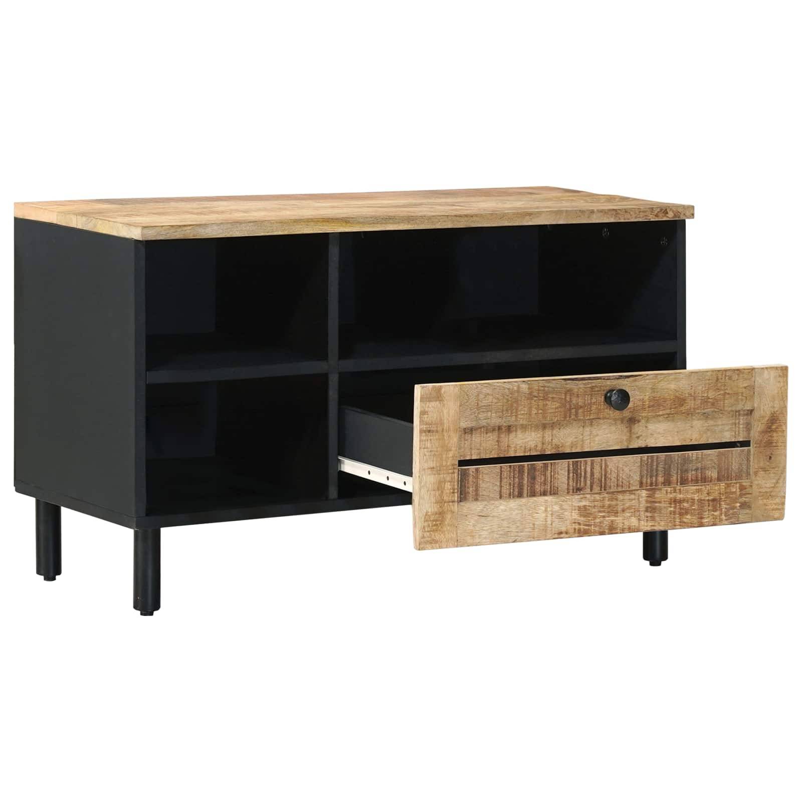 Holz- und schwarzes niedriges Lagerschrank mit offenen Regalen und einer geöffneten Schublade, gezeigt auf weißem Hintergrund.