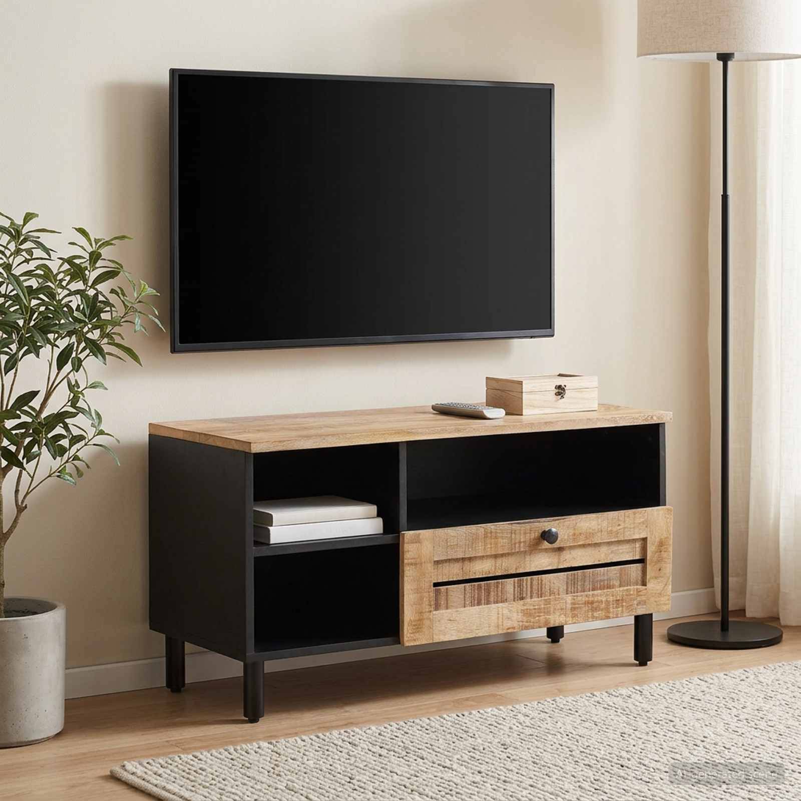 An der Wand montierter Fernseher über einer schwarzholz-Medienkonsole in einem minimalistischen Wohnzimmer mit einer Stehleuchte und einer Topfpflanze.