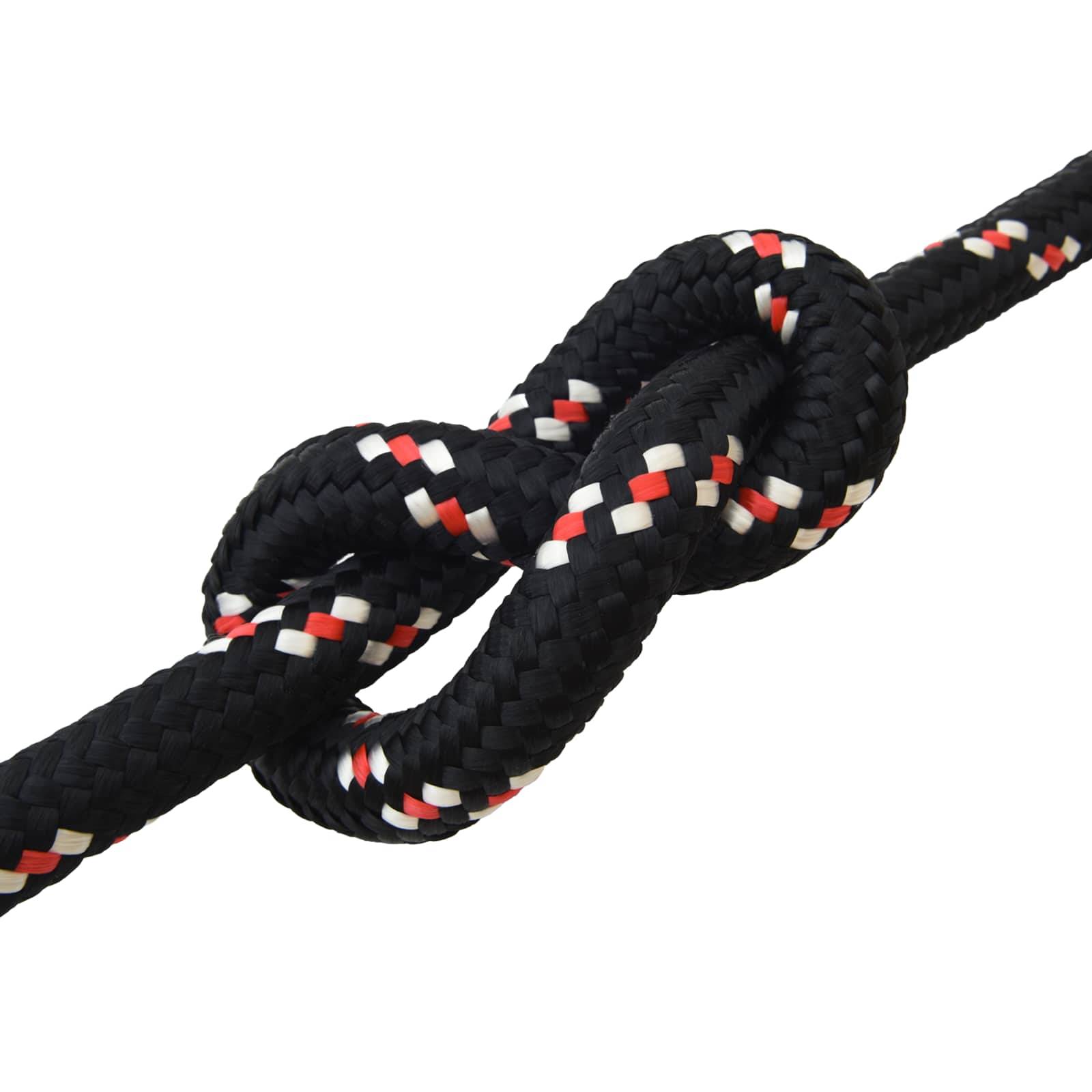 Nahaufnahme eines schwarzen geflochtenen Seils, das in einem Knoten gebunden ist, mit rot und weiß geflochtenen Strängen auf weißem Hintergrund.