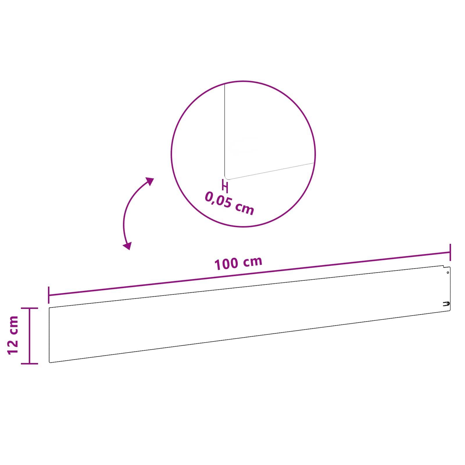 Diagramm eines langen dünnen Streifens, 100 cm mal 12 cm, mit 0,05 cm Dicke in einem kreisförmigen Detail dargestellt und gekrümmten Pfeilen, die Biegung oder Rollen andeuten.