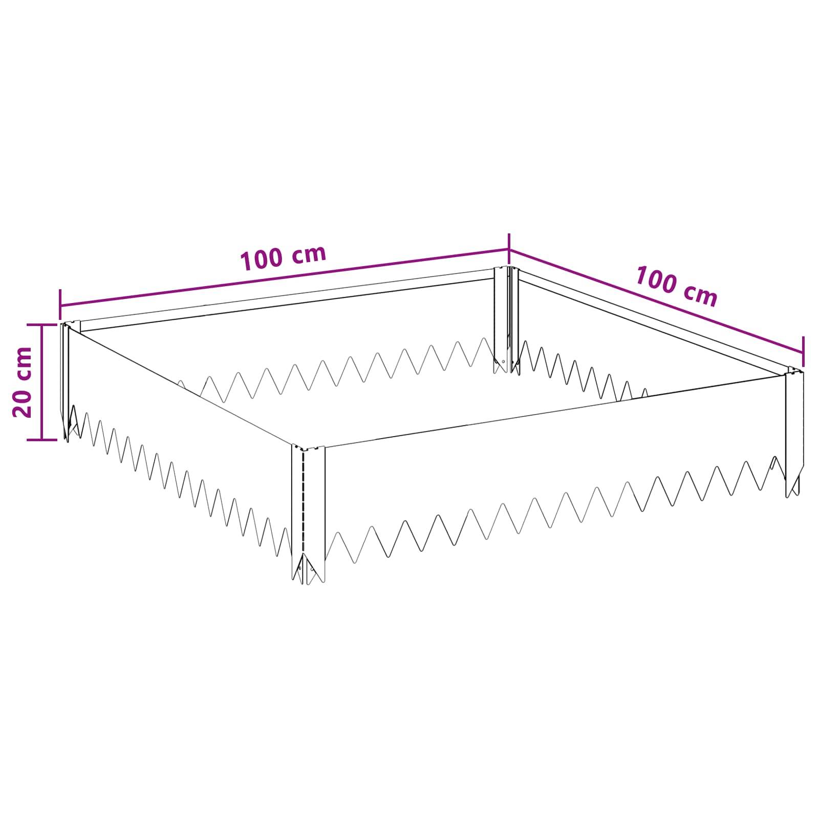Diagramm eines quadratischen Pflanzkübels oder Hochbeetrlings, 100 cm x 100 cm und 20 cm hoch, dargestellt mit Maßstabsbezeichnungen.